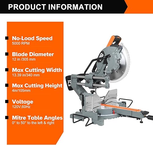 Miniatura 5 de Prostormer Sierra ingletadora compuesta deslizante de 12 pulgadas, motor de 15 amperios, 5000 RPM, hoja de 100 dientes, cortes de inglete y bisel de