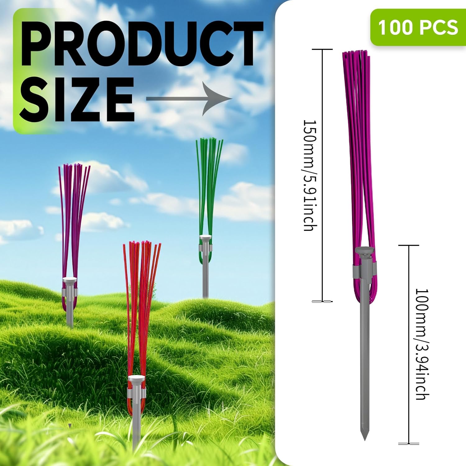 Playing Field Marking Whisker, Property Line Markers 6 Inch Whiskers with Lightweight Aluminum Stakes for Ground Markers, Survey Stakes, Construction Markers, Trail Markers(Purple, 100 Pack)