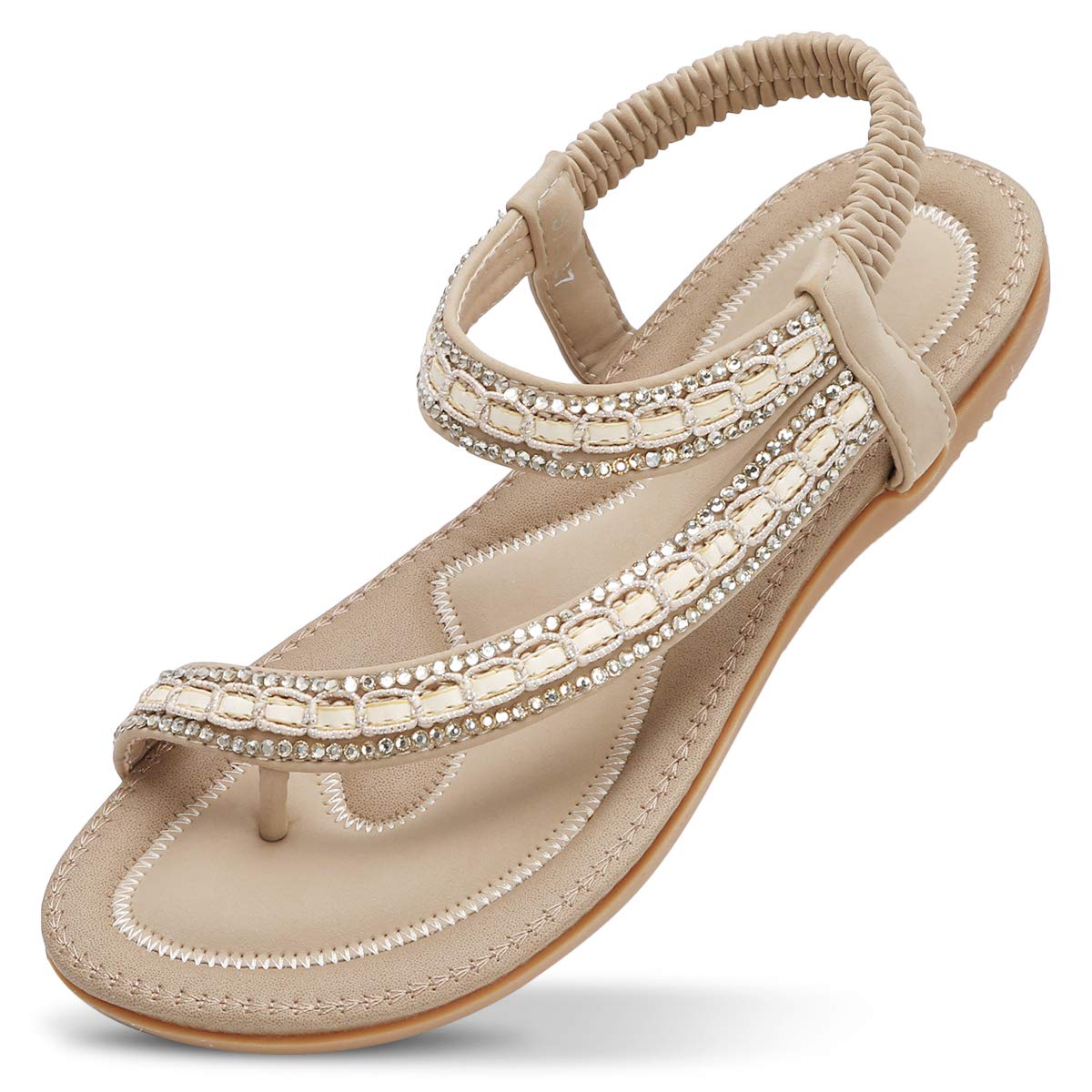 ZOEREA Damen Sandalen Sommer Flach Sandals, Frauen Bohemia Strass Sandals PU Leder Elastischen Strand Sommerschuhe Zehentrenner