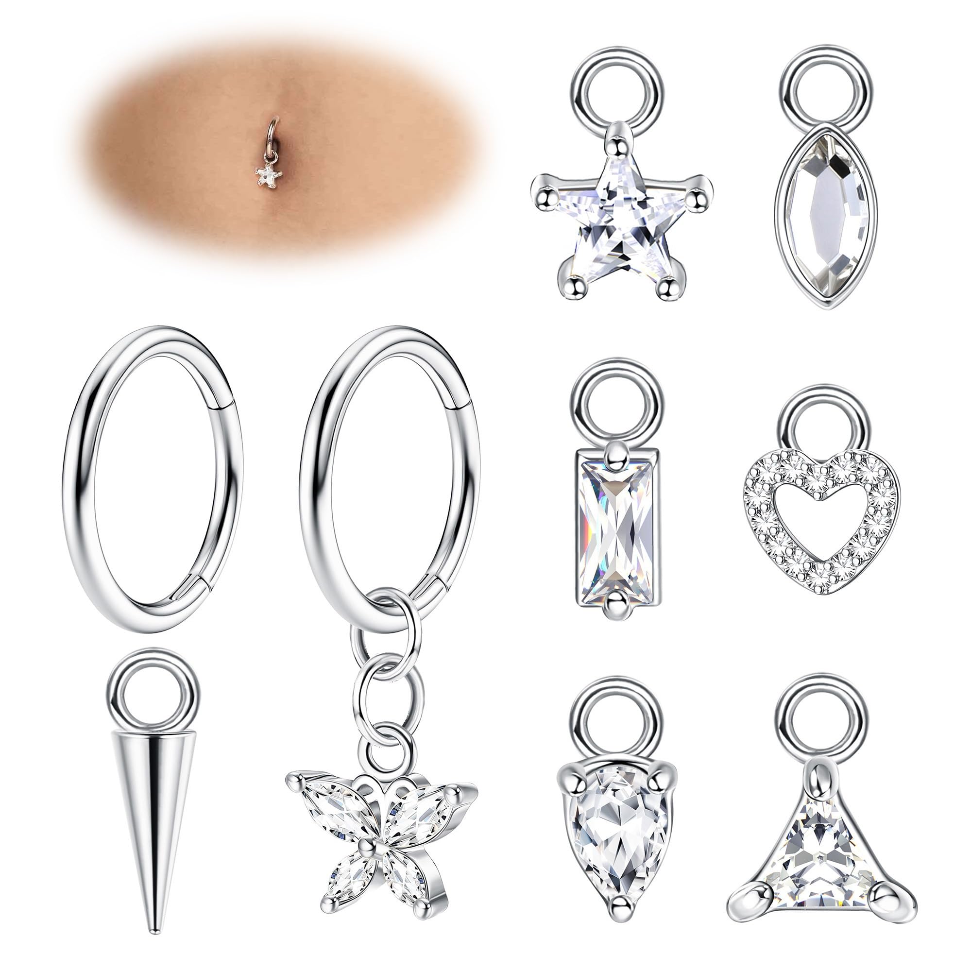 Adramata 14G Piercing Ombligo Acero Quirúrgico Hipoalergénico, Aro Hélice Cartílago Trago Oreja, Plata Oro Colgante Corporal para Mujer