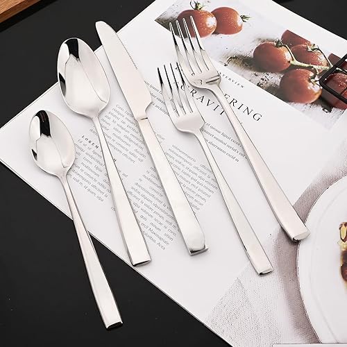 Miniatura 3 de JASHII Juego de 4 cucharas de postre, 6.69 pulgadas de acero inoxidable plateado, cucharas para helado, pulido con espejo, mango cuadrado, cubiertos