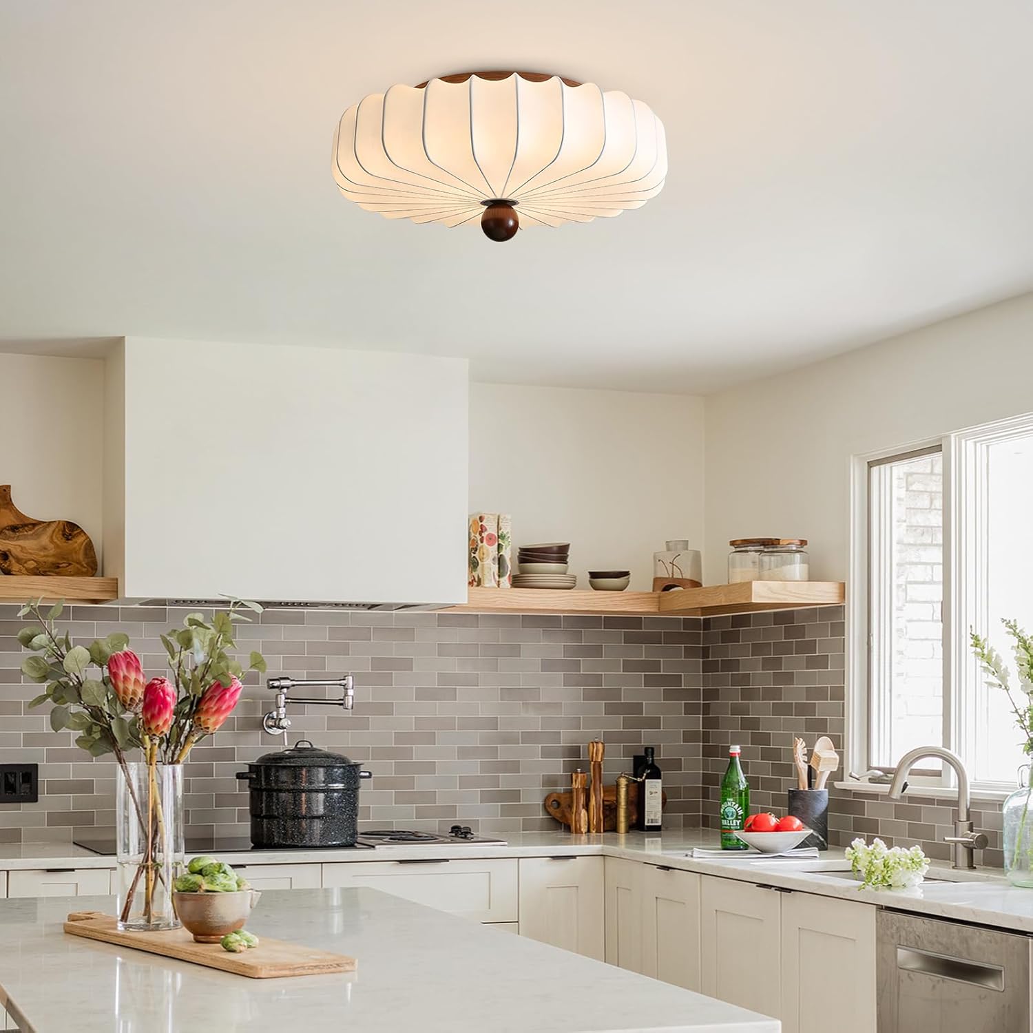 KCO Lighting Boho Large Drum Chandelier White Fabric Flush Mount Ceiling Light Japanese Silk Lantern Ceiling Light Farmhouse Hallway Light Fixtures Ceiling