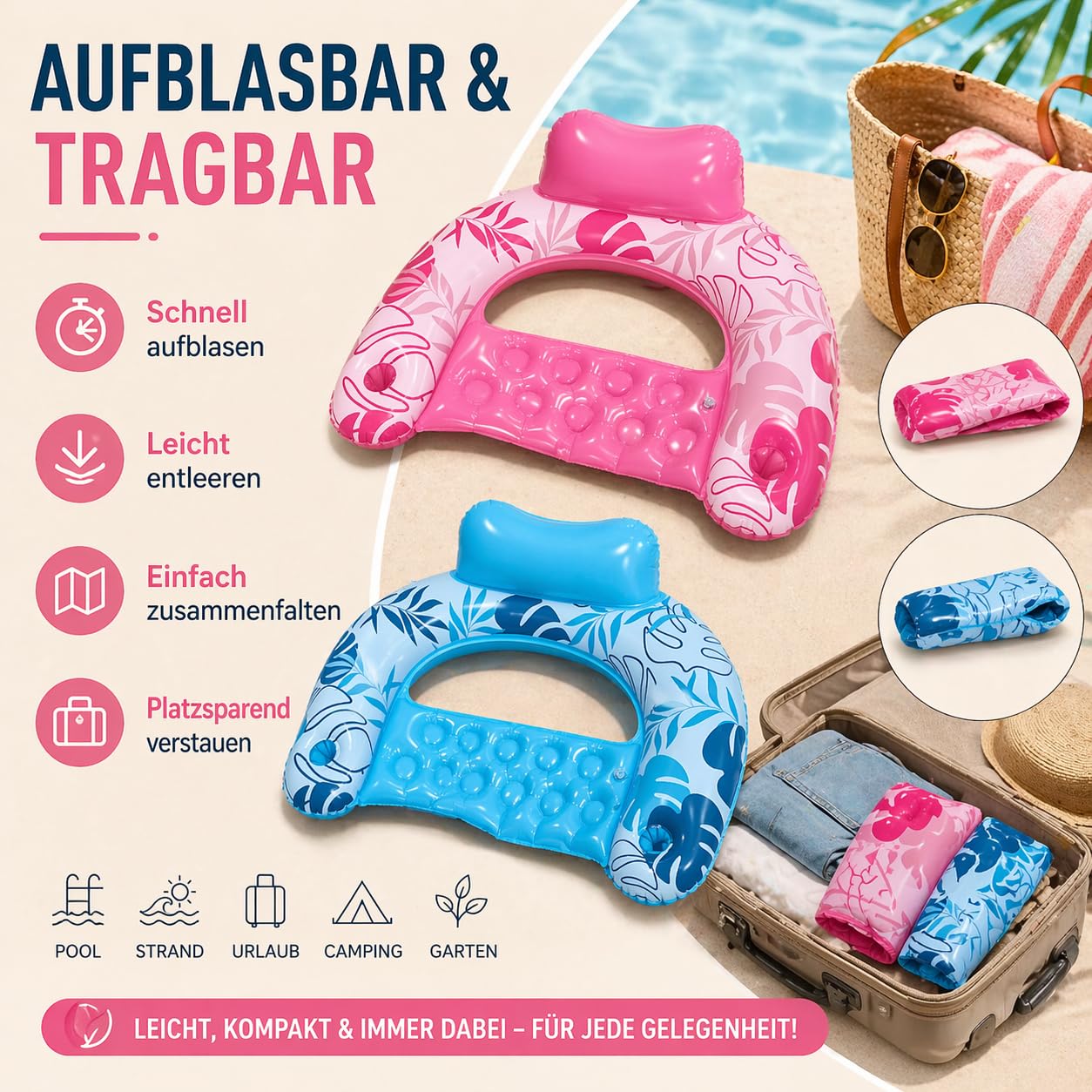 Colchón de aire para piscina, juguete de agua para adultos - Sillón portavasos | Hamaca hinchable para piscina, 2 unidades, color azul y rosa