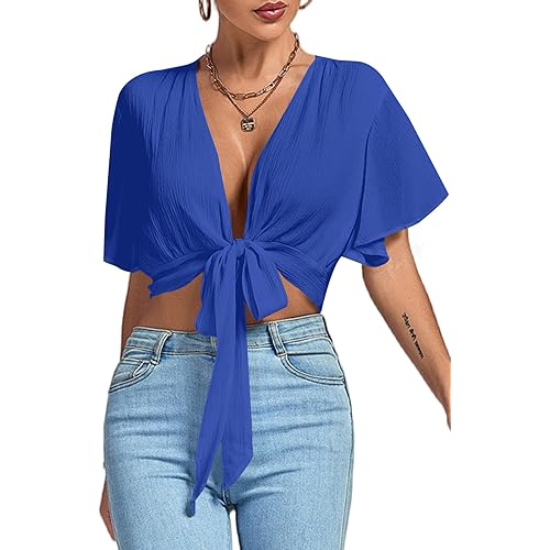 LYANER Women's Deep V Neck Tie Front Knot Wrap Ruffle Short Sleeeve Crop Top Blouse