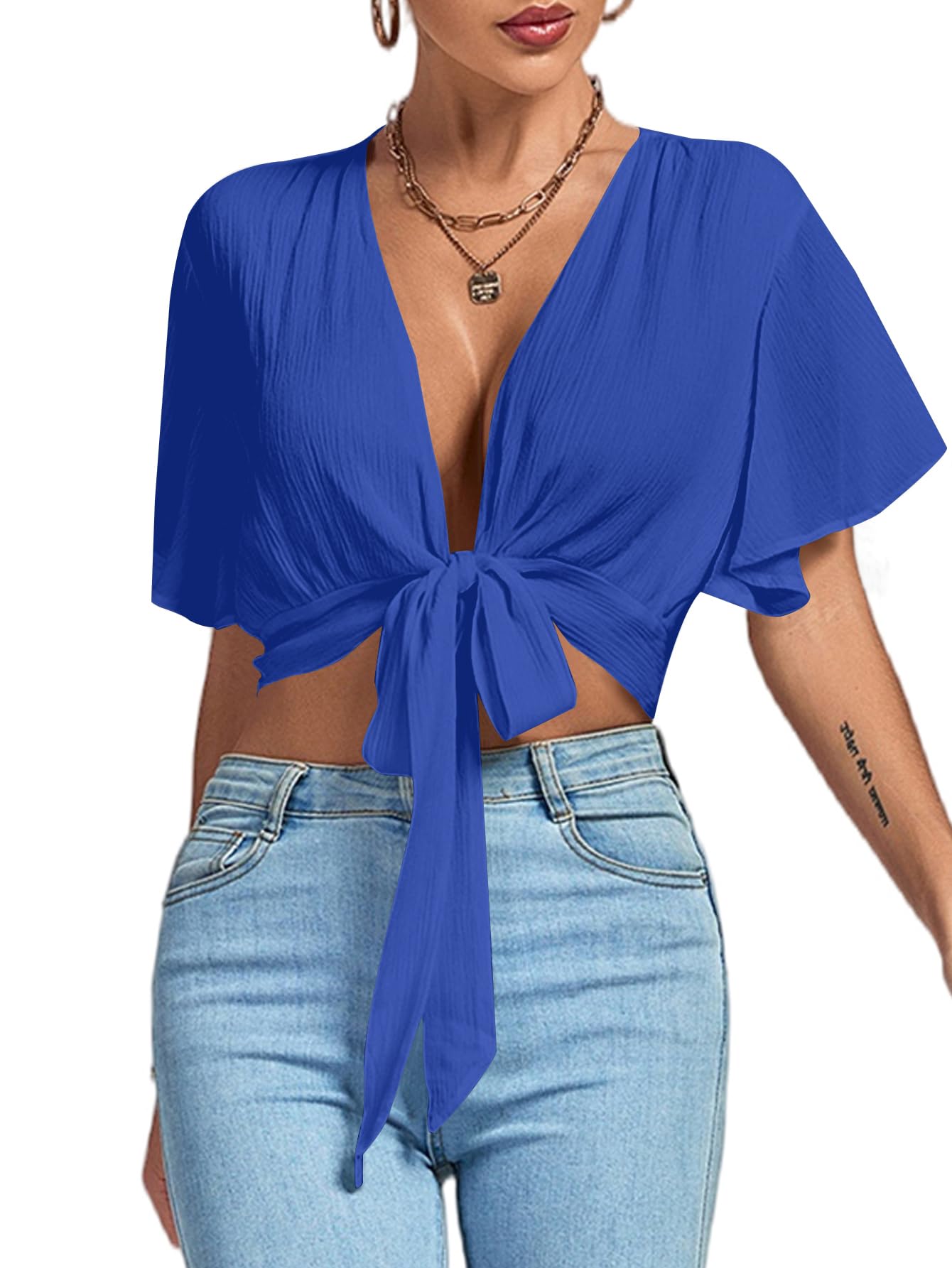 Photo 1 of LYANER Women's Royal Blue Tie Front Crop Top