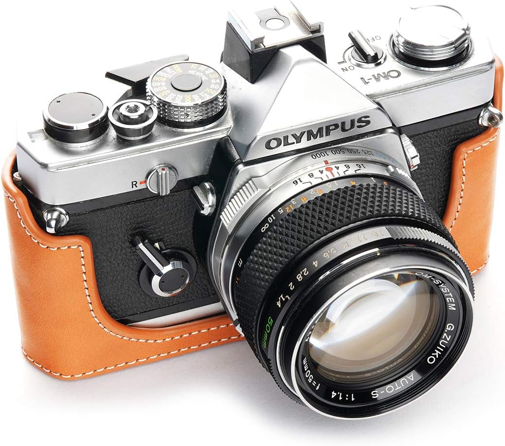 OM-4 Case, BolinUS Handmade Genuine Real Leather Half Camera Case Bag Cover for Olympus OM-1 /1N OM-2/2N OM-3/3Ti OM-4/4Ti (No Handle) Camera with Hand Strap (Yellow)