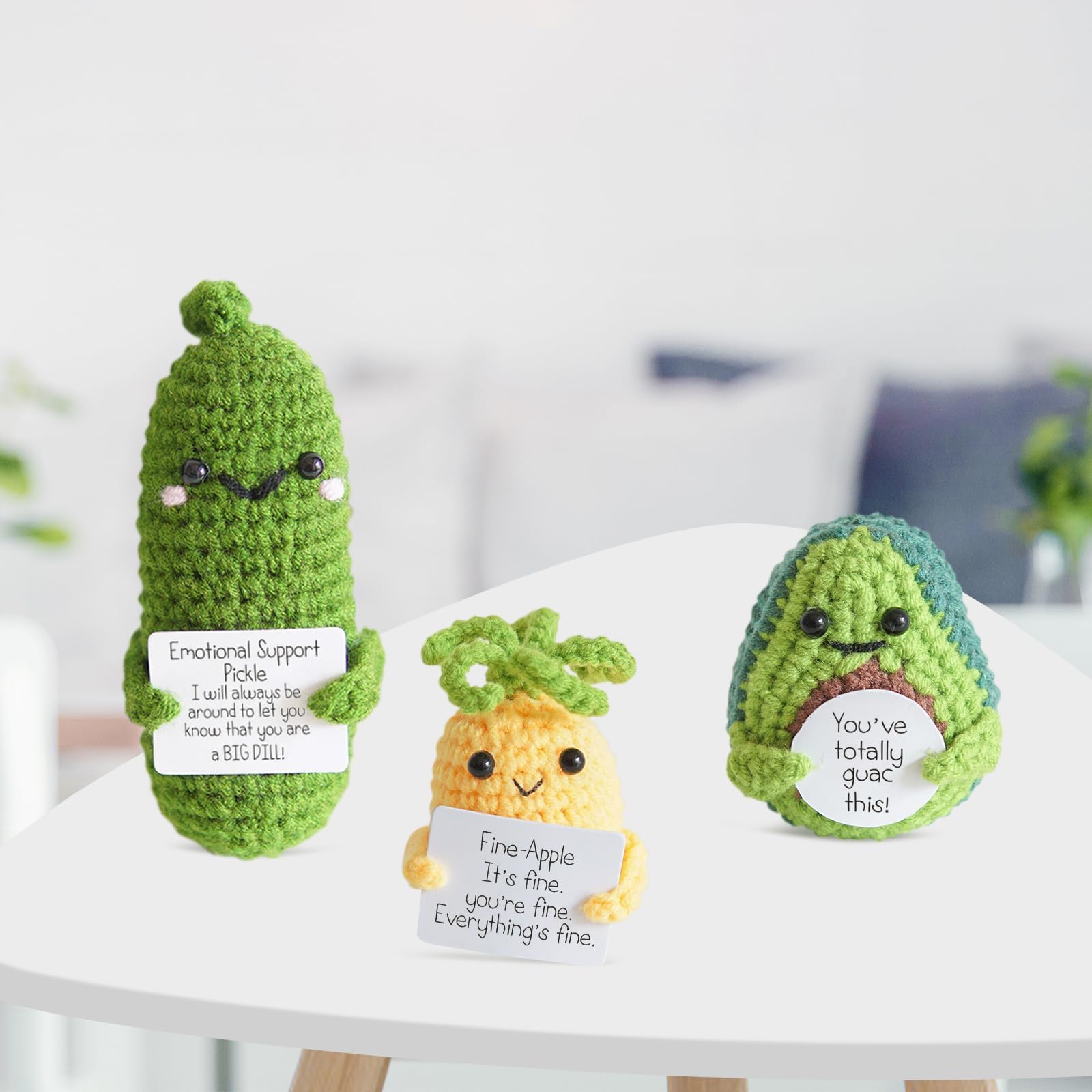 NALACAL 3PCS Cucumber Knitting Pickle Doll, Stress Relief Toy Emotional Support Ornament Funny Gift Encouragement Amigurumi Pickle Doll with Positive Affirmation Card