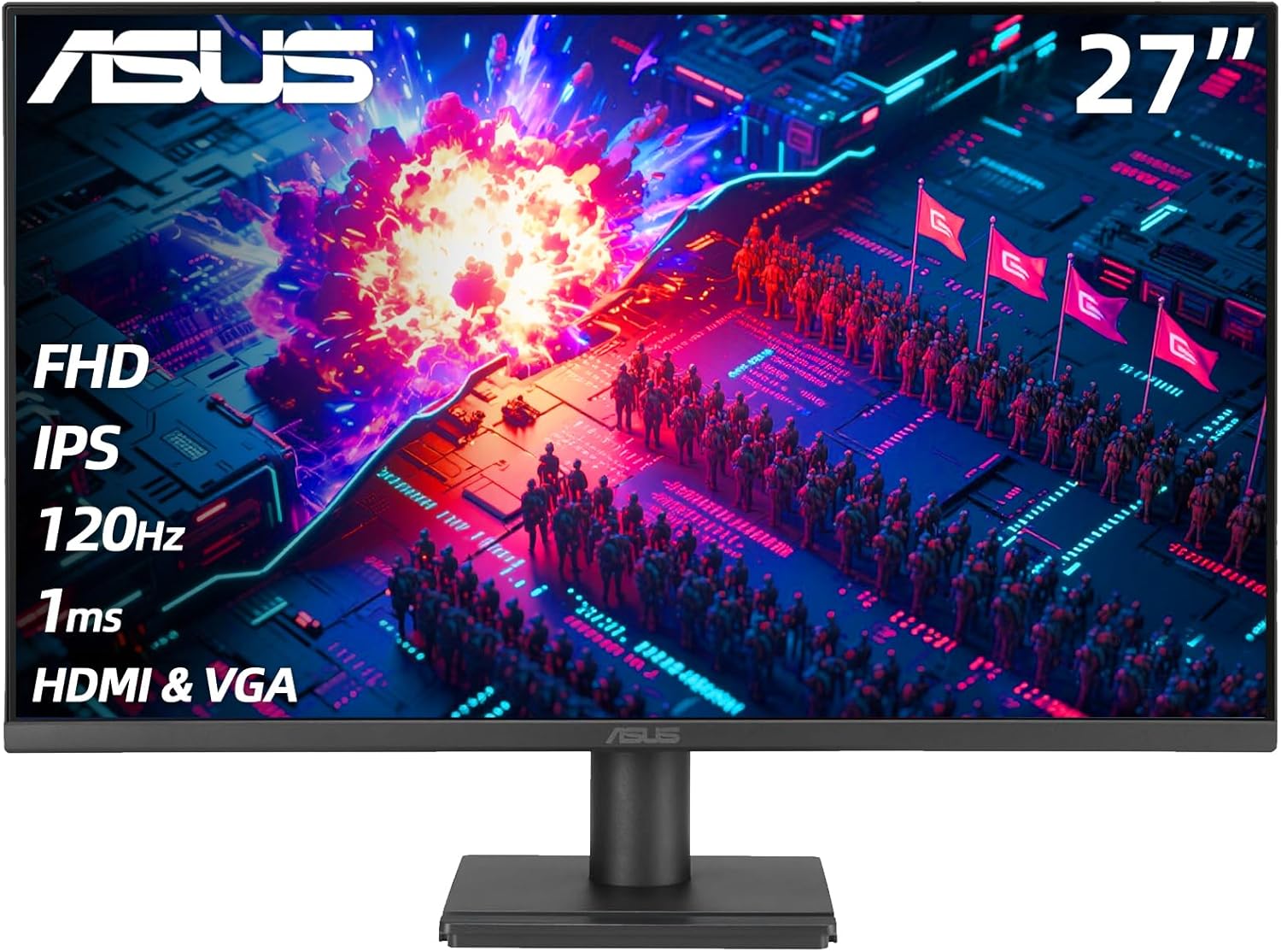 ASUS 27" FHD Gaming Office Monitor, 120Hz, 1ms, Eye Care Monitor - IPS, 99% sRGB, Frameless, Adaptive-Sync, HDMI, VGA, Low Blue Light, Flicker Free, Tilt Adjustment, Wall Mountable, Black