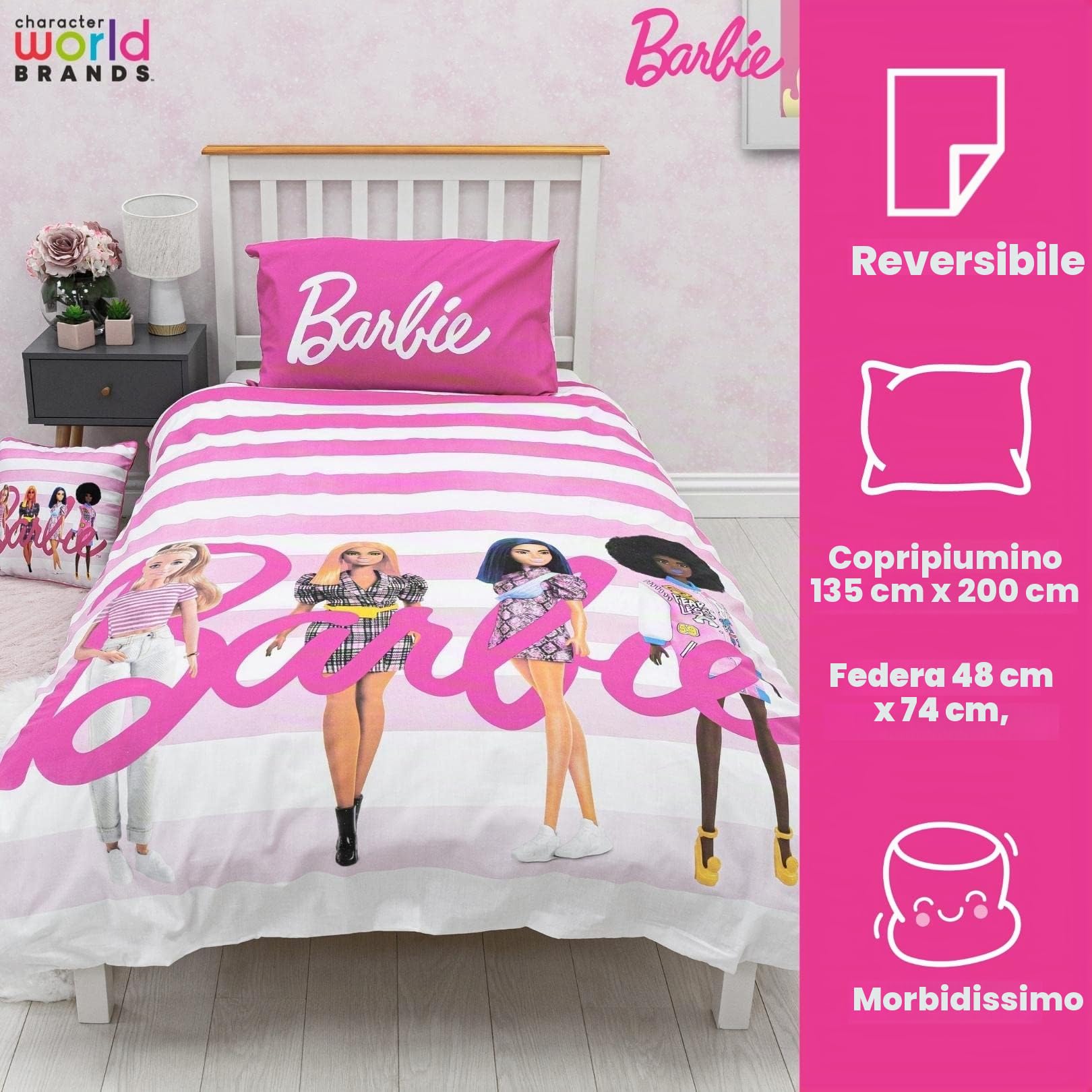 Barbie Set copripiumino singolo per bambini, reversibile, double-face, con federa coordinata, in policotone