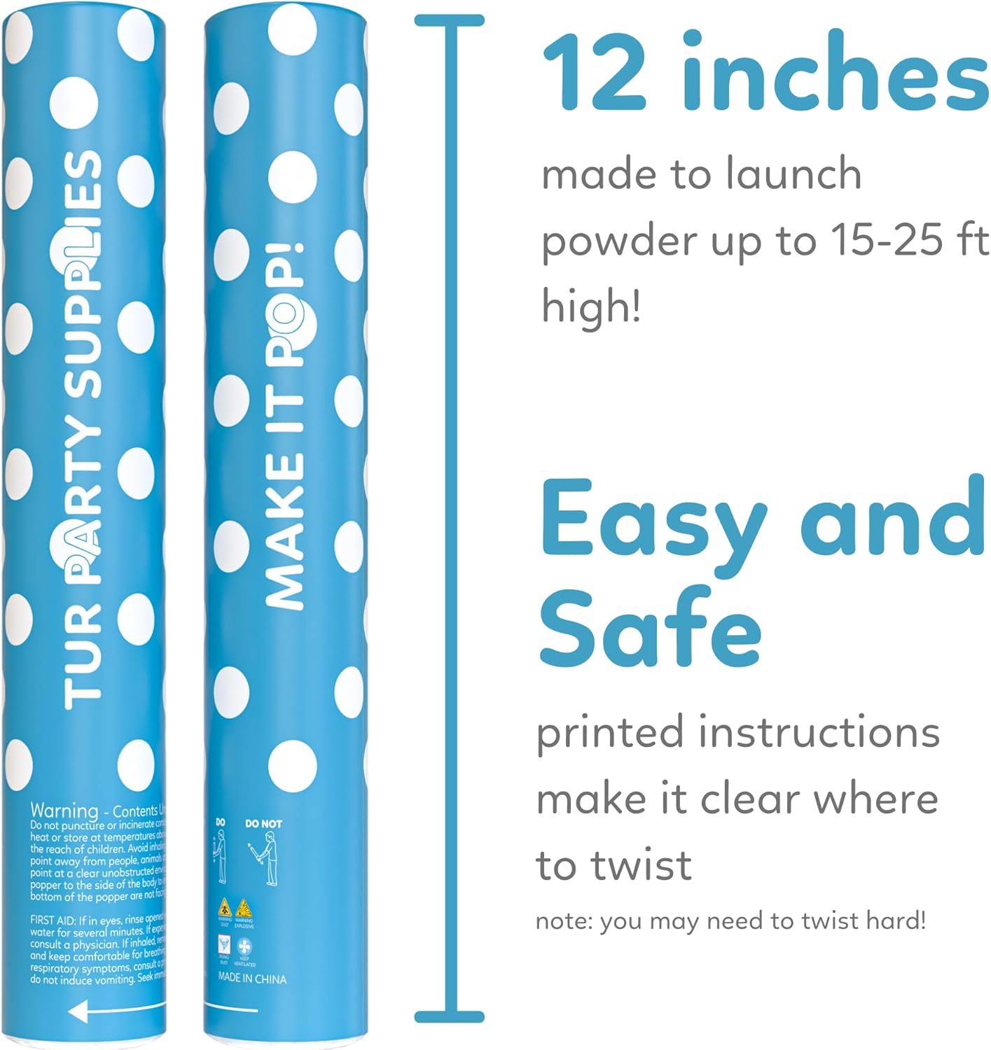 Powder Cannons Smoke Bombs Biodegradable Poppers | Launch up to 25 ft | 12 inch | Decorations For Independence Day, | TUR Party Supplies Bundle of 6 Powder Poppers (2 Blue, 2 Red, 2 White)