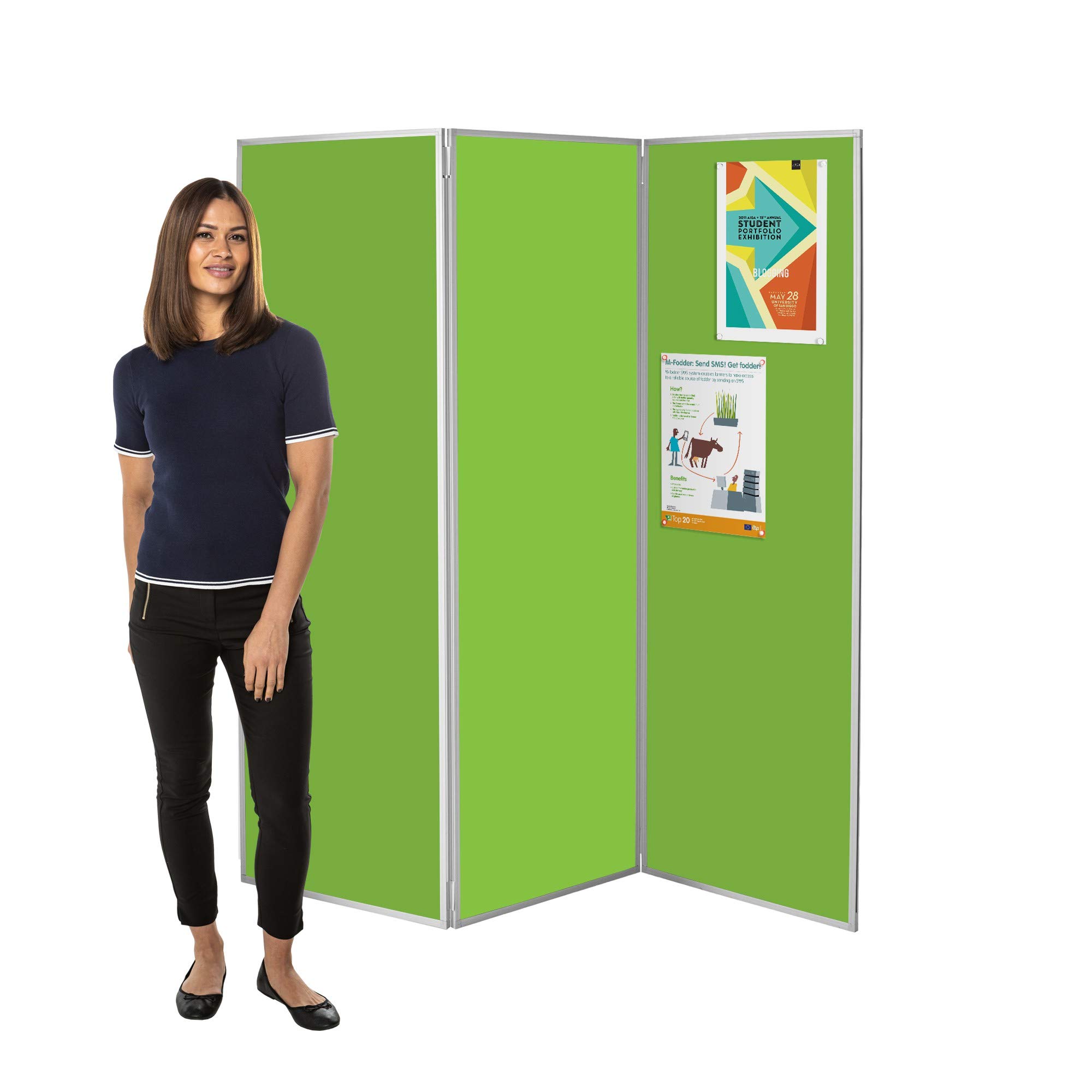 Wonderwall Grass Concertina Freestanding 3 Panel Display Board, Apple Green Pinboard, 180 X 180 Cm, Privacy Partition Display Screen, Grey Pvc Frame - Ideal For Schools, Office, Library, Healthcare