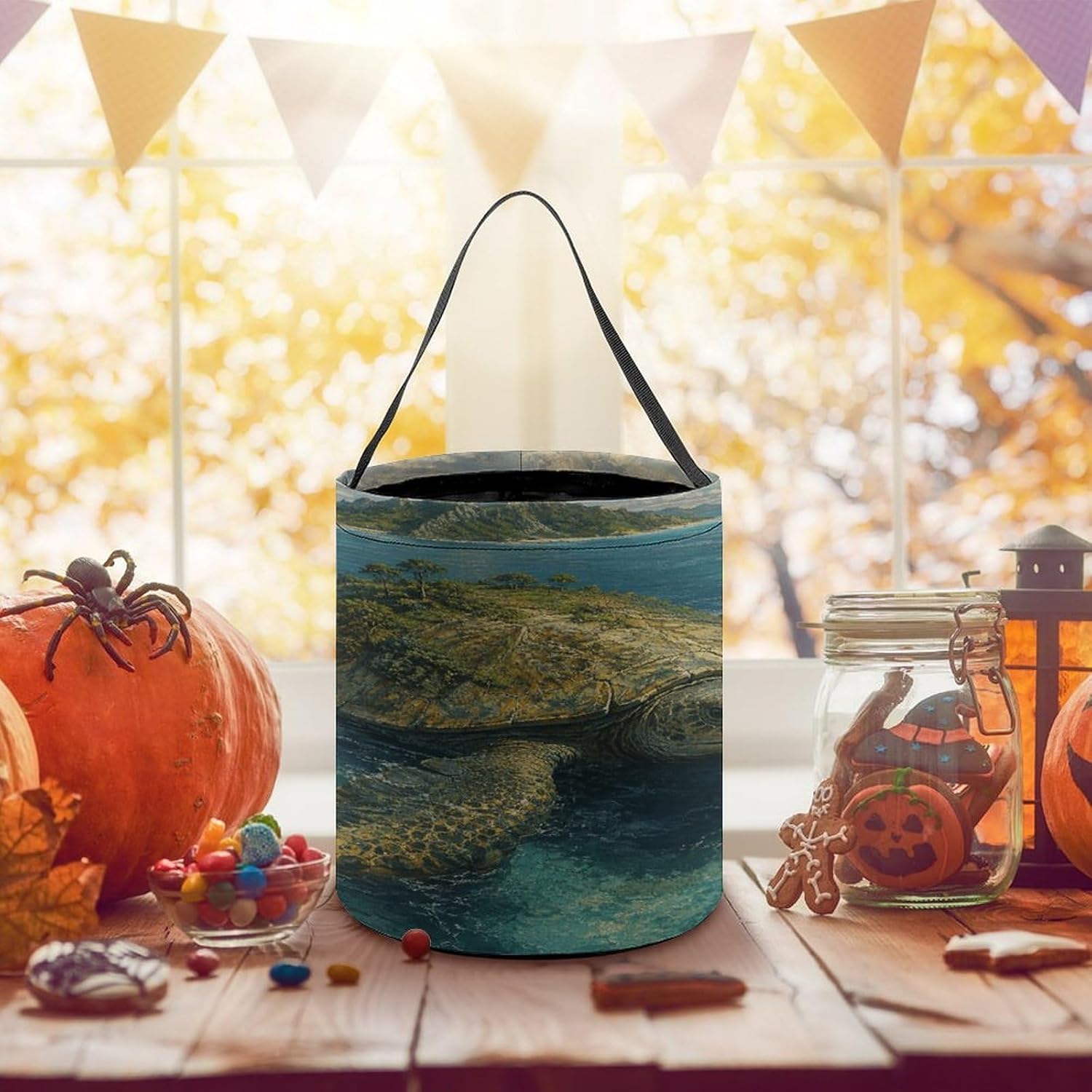 Sea Turtle Island Halloween Trick Or Treat Bucket Candy Tote Hand‑held Pouch for Cosplay Theme Party Gift Storage image 5