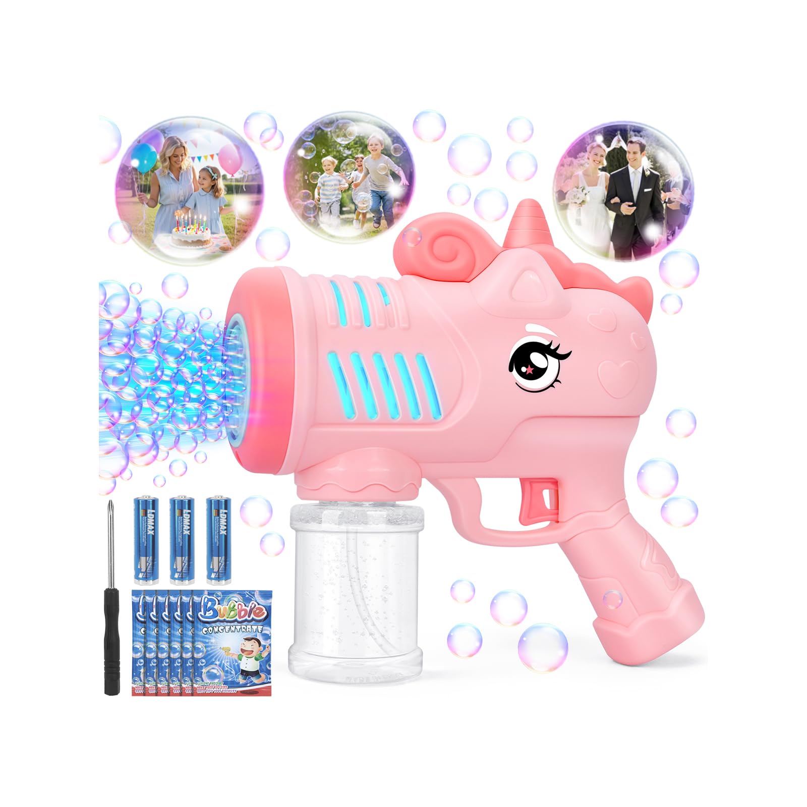 FORMIZON Pistolet à Bulles Automatique – 10 Trous LED, 130ML Solution + Concentré, Jouet été Pour Enfants 3+