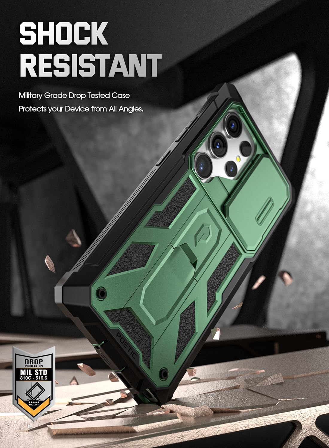 Poetic Spartan Case for Galaxy S24 Ultra 6.8", [Slide Camera Cover] [Screen Protector Works with Fingerprint ID] Military Grade Rugged Shockproof S24 Ultra Phone Case with Kickstand, Metallic Green