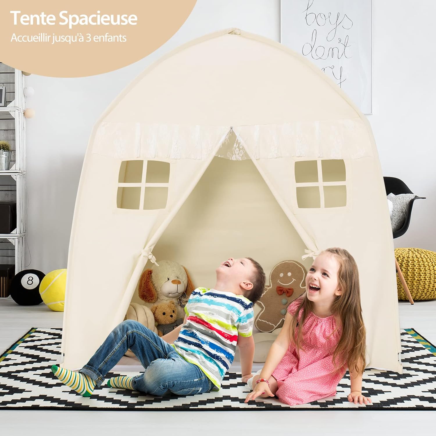 Two children laughing and playing inside the spacious GOPLUS Kids Play Tent.