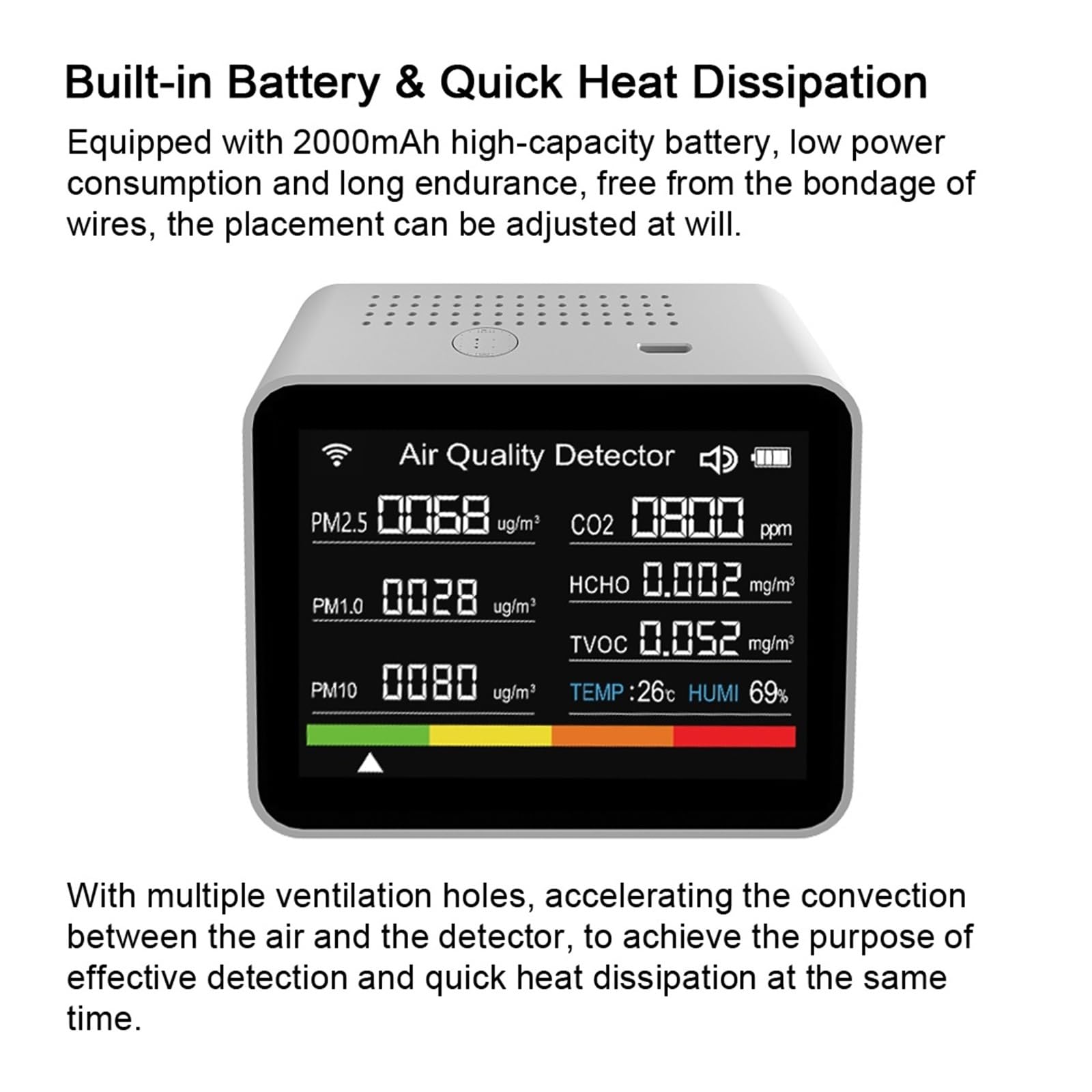 Misuratore Qualità dell'aria, Tester di qualità 'aria 13in1 CO2/TVOC/HCHO/PM2.5/PM1.0/PM10/Temperatura/Umidità/Ora/Data/Allarme/Timer/Cronometro Misuratore di CO2 per Casa Cucina Ufficio Auto(White)