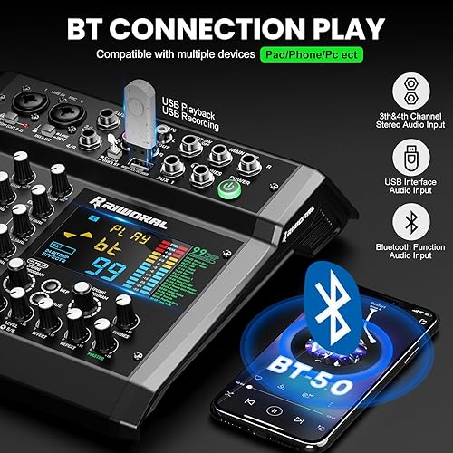 Miniatura 3 de Mezclador de interfaz de audio de 6 canales, tablero de sonido 99 DSP efectos digitales con interfaz Bluetooth USB Rac de 48 khz/24 bits como