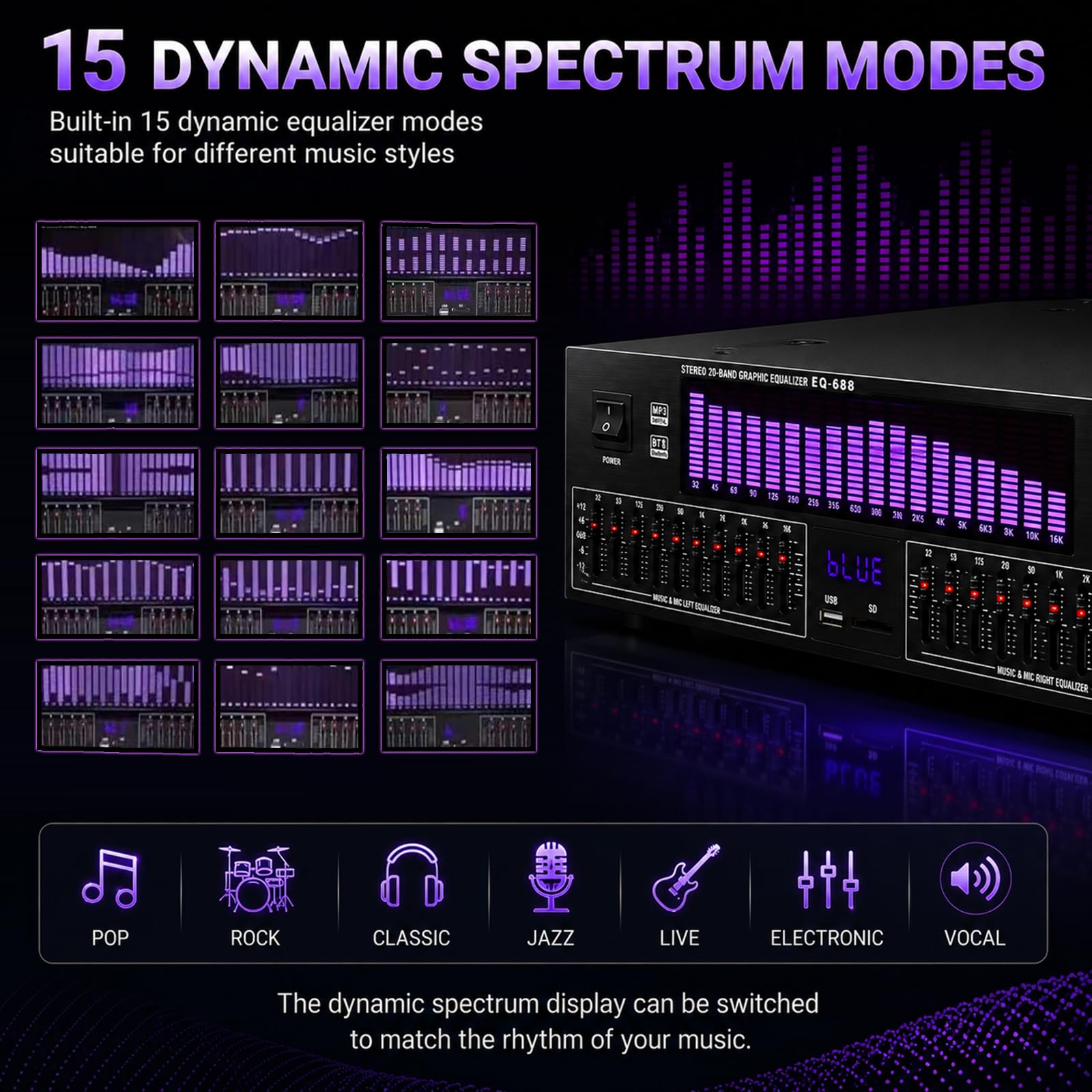 Égaliseur graphique stéréo, égaliseur numérique 20 bandes avec affichage LED, 15 modes dynamiques, télécommande, réduction du bruit pour studio et audio domestique