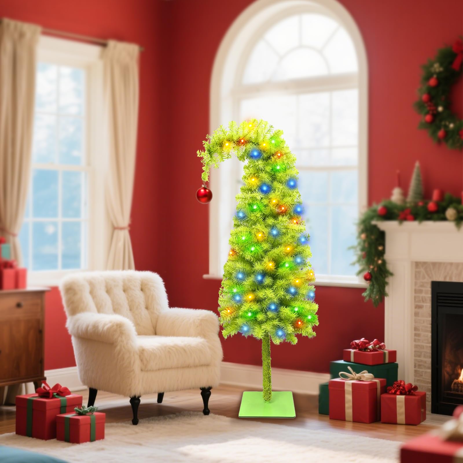 150cm Künstlicher Weihnachtsbaum mit Roter Kugelspitze Lichterkette, pop up decorated weihnachtsbaum mit beleuchtung, grinch Grüner weihnachtsbaum Christmas Tree, für Innen Außen Weihnachtsdeko (Grun)