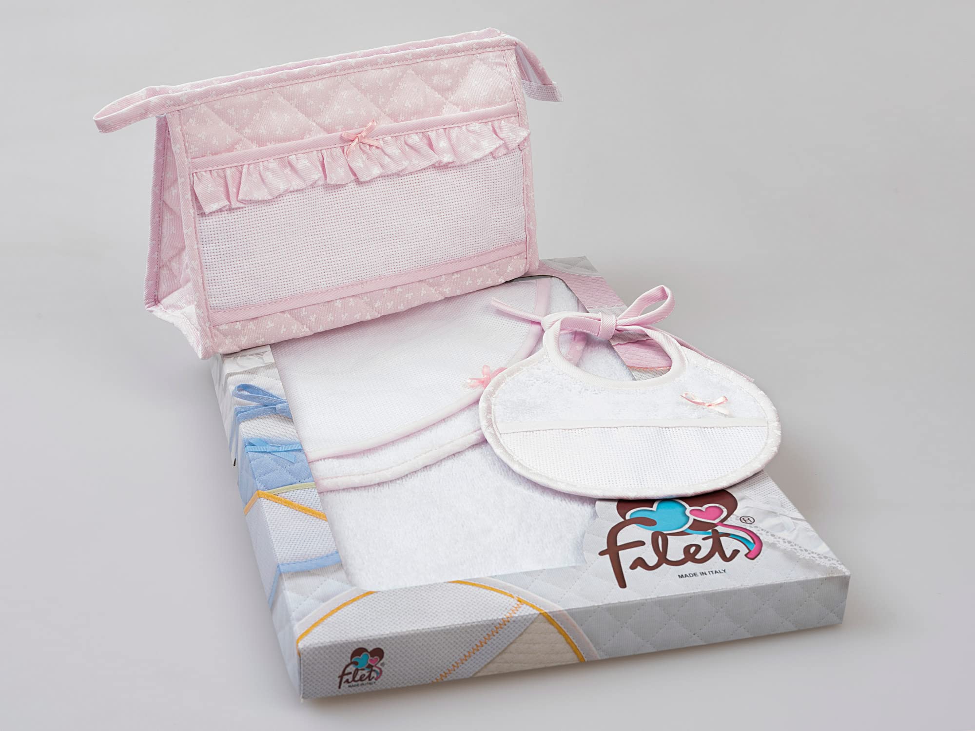 FILET - Ensemble de bain 3 pièces à broder, Peignoir Triangle, Trousse de toilette, Bavoir, Idée cadeau originale pour bébés, Made in Italy, Couleur Rose