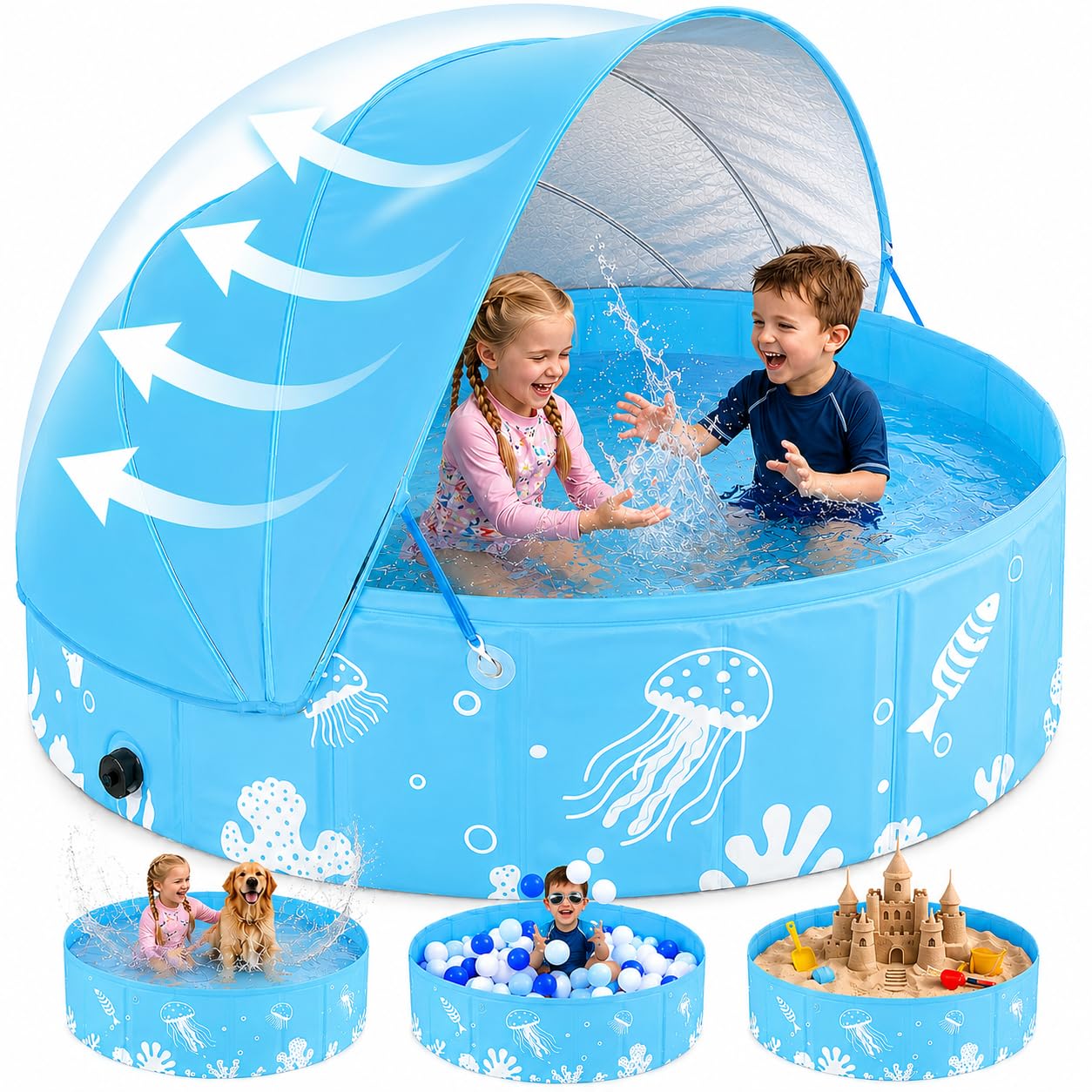 ROMIVO Paddling Pool with Canopy, 47" Foldable Non Inflatable Baby Paddling Pool for Kids & Toddlers, UPF 50+ Sun Shade, Portable Kids Pool for Garden, Backyard & Beach