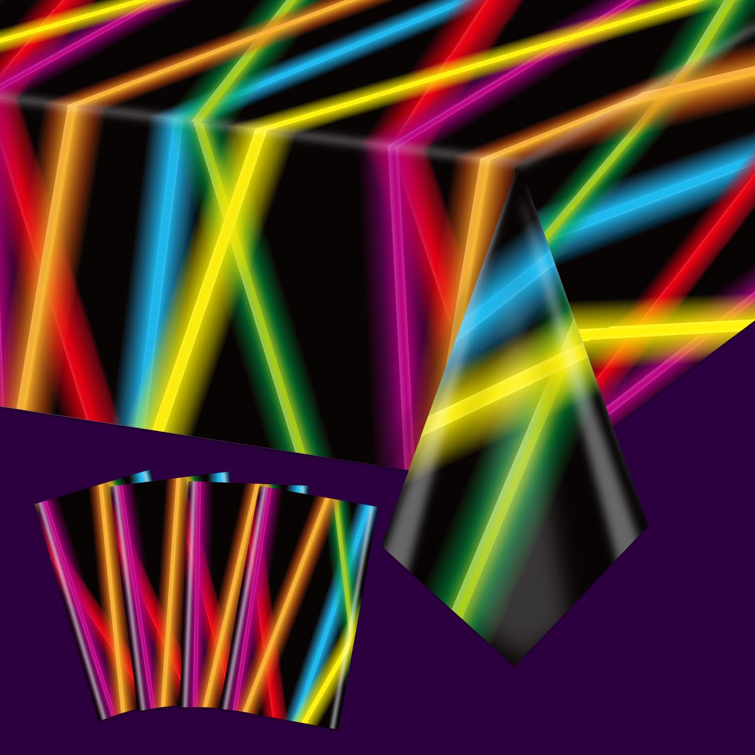 APUXXJUPA 4 Pack Neon Tablecloths, Colorful Fluorescent Lines Tablecloth Neon Table Covers for Let's Glow Party Decorations Glow in the Dark Party Supplies, 130 x 220 cm — image 1