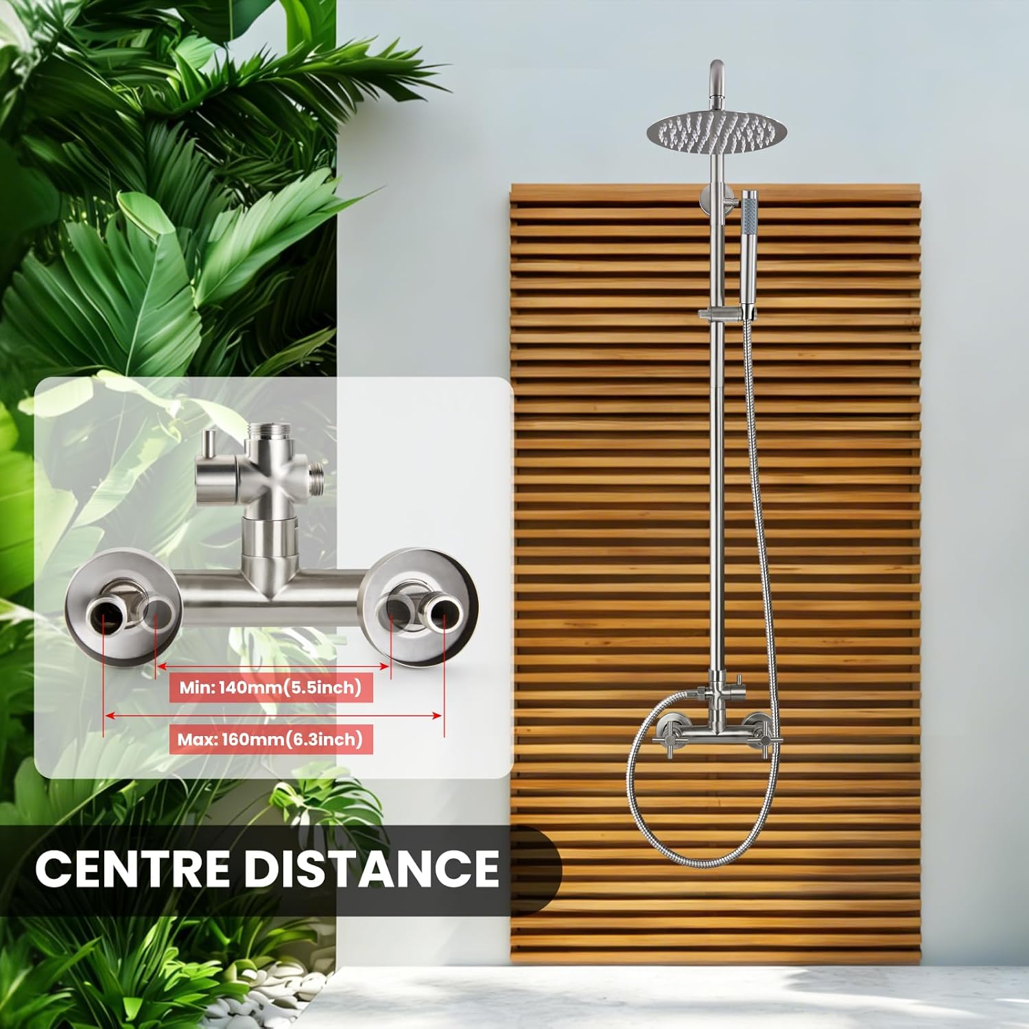 gotonovo Outdoor Shower Fixtures SUS304 Stainless Steel Rain Shower Kit Faucet High Pressure Wall Mount 2 Dual Function 8 Inch Showerhead and Handheld Spray Combo, Double Cross Handle, Brushed Nickel