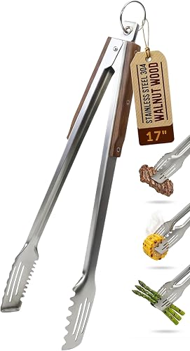 17-Inch Grill Tongs for Outdoor Grilling - Heavy Duty Stainless Steel Tongs with Luxurious Walnut Grip & Premium Gift Pouch - Extra Long BBQ Tongs for Grilling, Smoker & Outdoor Cooking