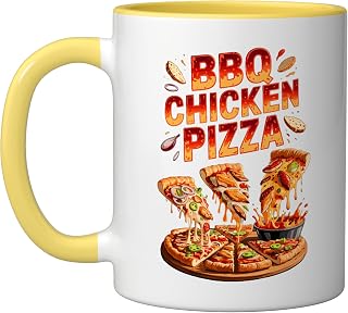 90s Vintage BBQ Chicken Pizza Slice Fast Food Pizzas Ceramic Mug, Yellow/White