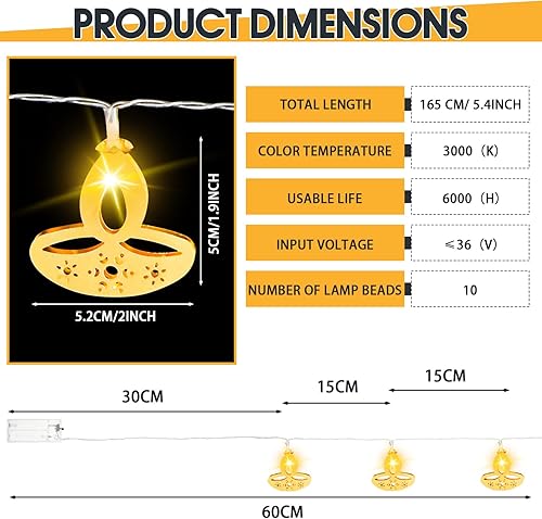Miniatura 2 de Diwali - Tira de luces de 5.4 pies, 10 luces LED indias, decoraciones Diwali para el hogar, luces blancas cálidas para interiores y exteriores,