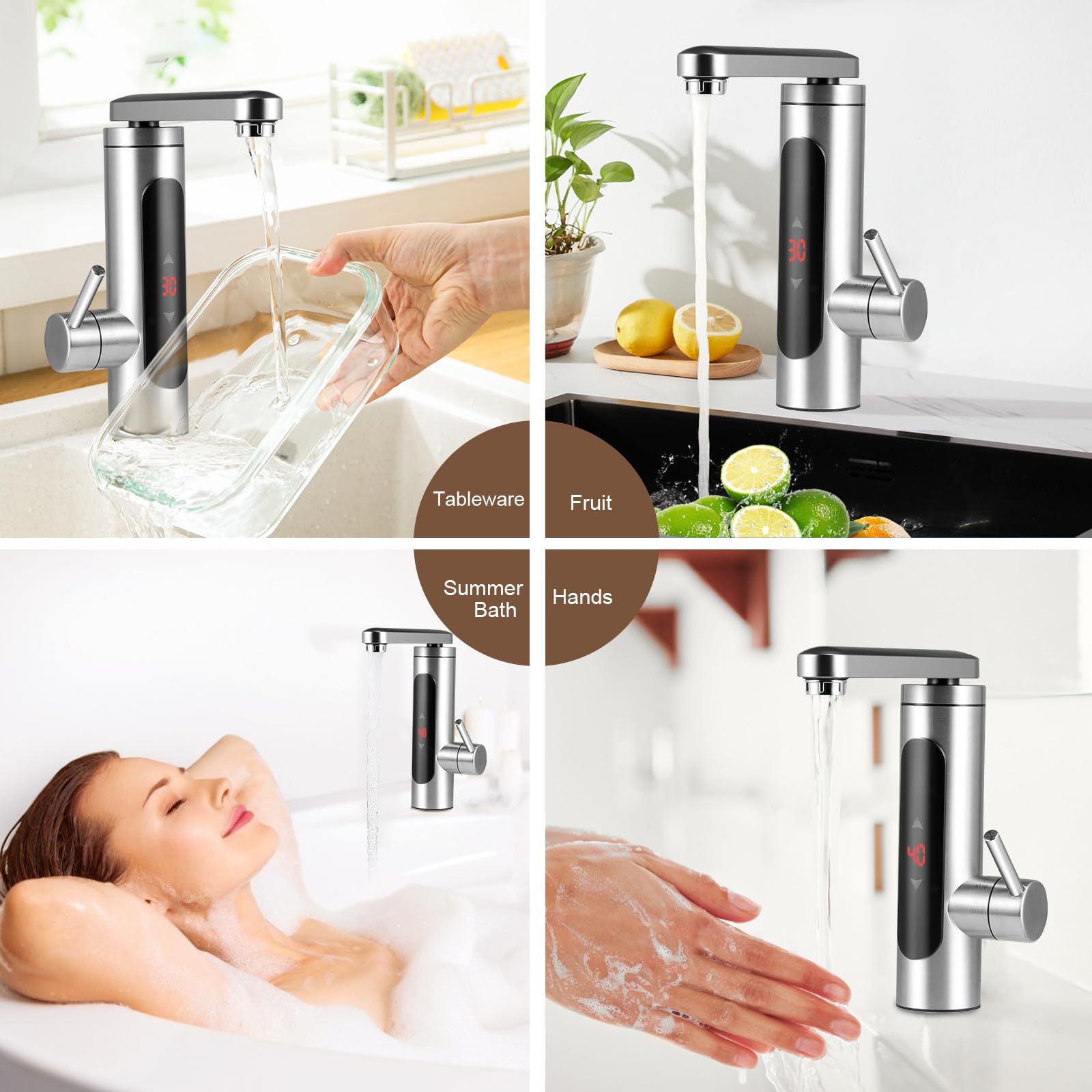 Rubinetto Elettrico Caldo Istantaneo 3300 W, Scaldacqua Elettrico Con Display Temperatura LED, Rubinetto da Cucina Rotante a 360 ° in Acciaio Inox