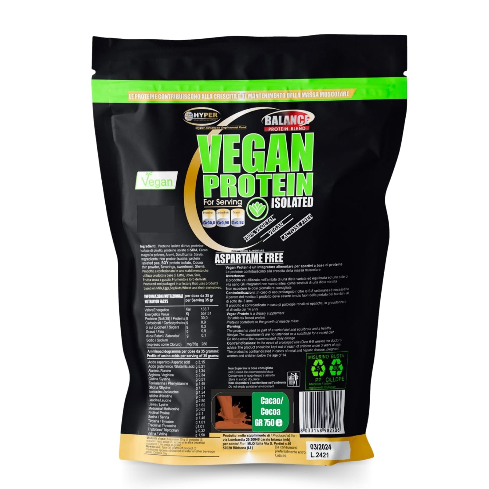Hyper Proteine Vegane Vegetali Vegan in Polvere g 750 Cacao con Proteine del Pisello Soia Riso 90% di Proteine Povere di Carboidrati e Grassi Senza Lattosio Senza Aspartame Prodotte in Italia