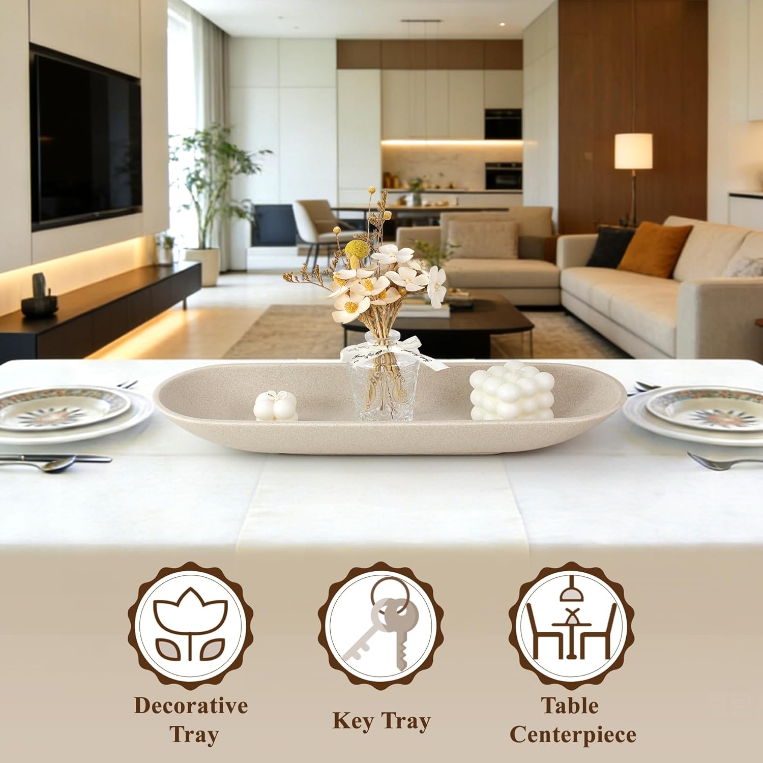 Enhanced Long Large Decorative Bowl for Home Decor - Long Dough Bowl for Table Centerpieces 17.72"W x 2.24"H - Beige Minimalist Design Dough Decor Bowl for Coffee Table, Dining Table Centerpiece - Image 4