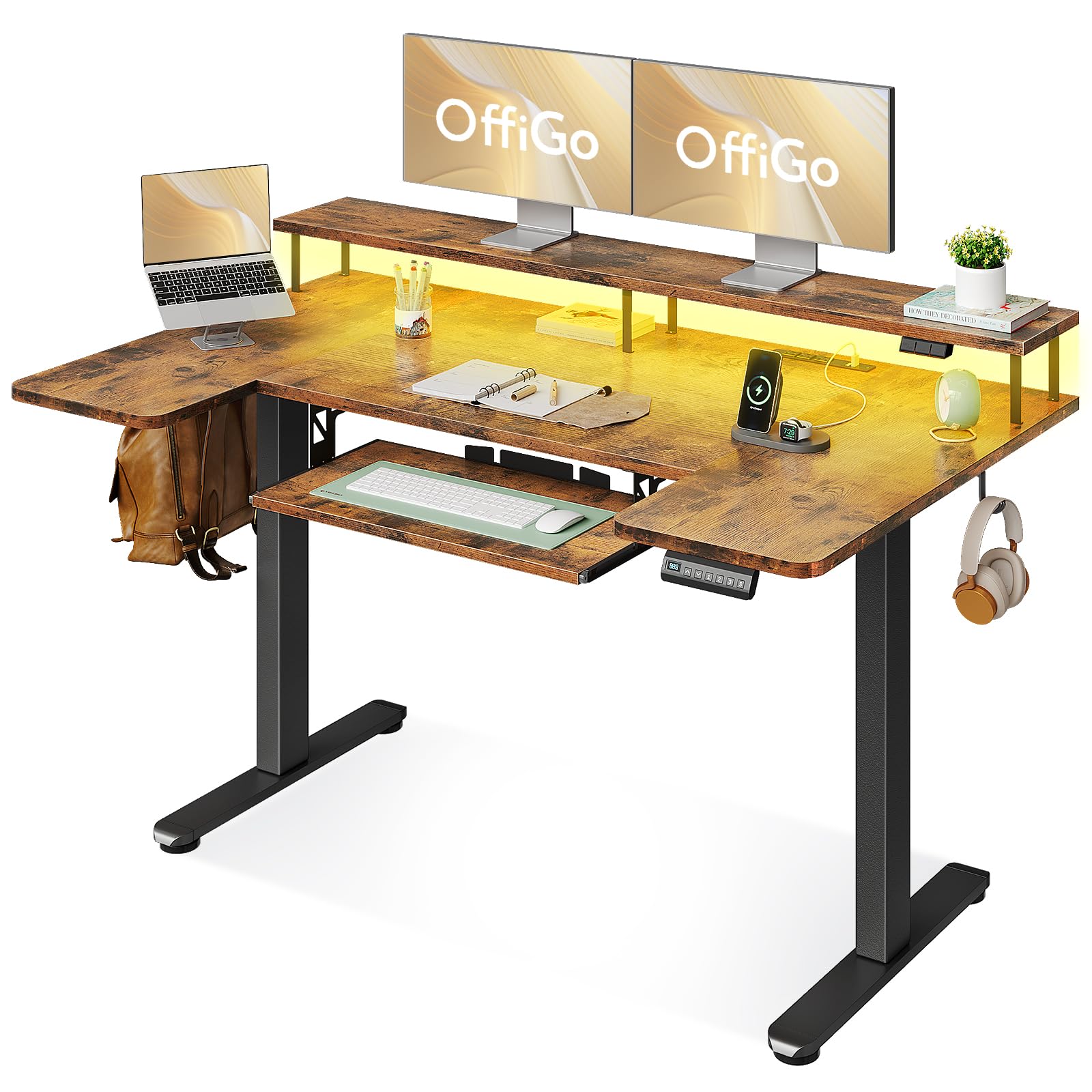 OffiGo U Shaped Electric Standing Desk with Keyboard Tray, 55 Inch Height Adjustable Desk with Power Outlets & LED Lights, Sit Stand Table with