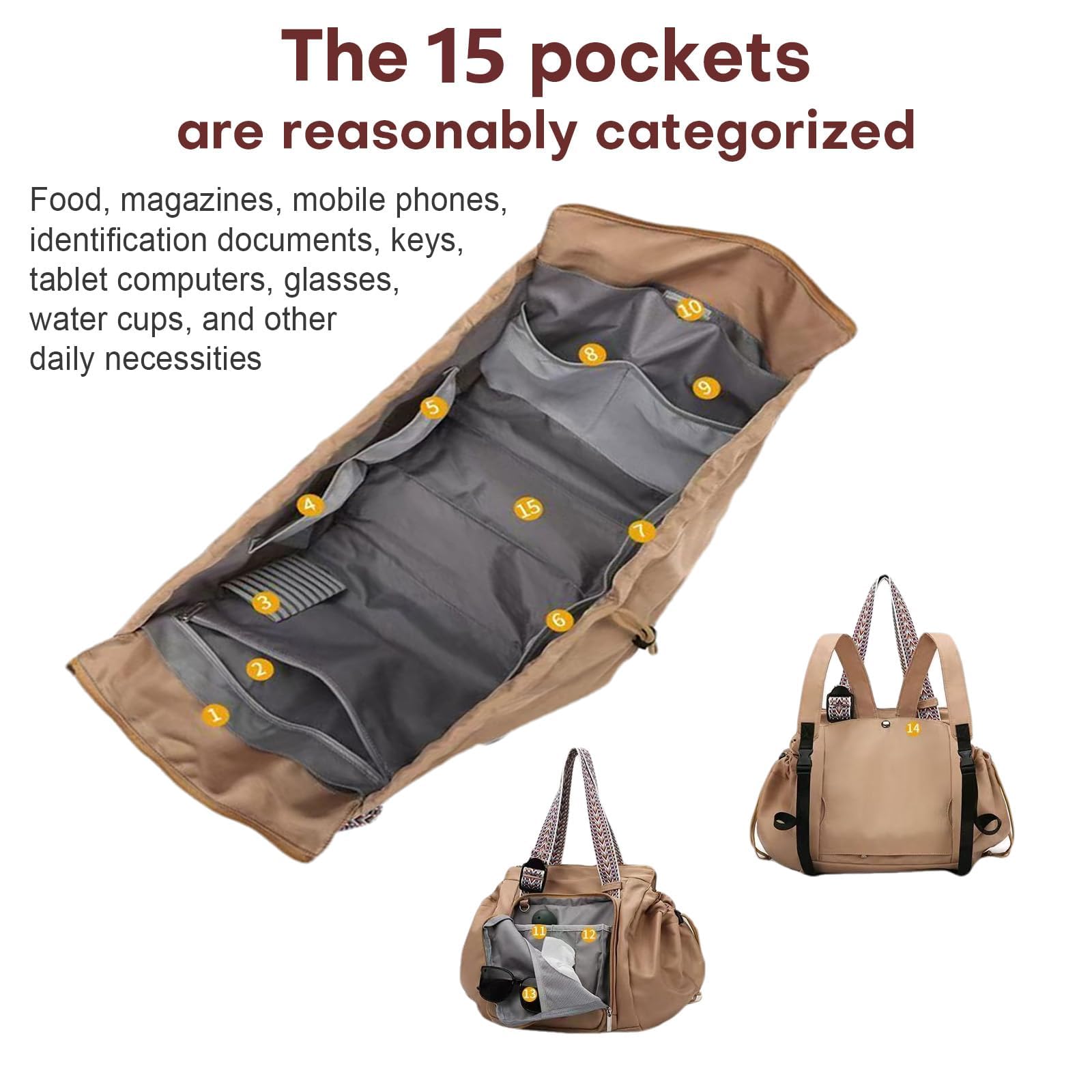 Borsone da Viaggio Pieghevole, Borsa da Viaggio Trasformabile Cradle Bag, Grande Capacità, Borsa Shopping Pieghevole in Nylon Leggera con 15 Tasche (Beige)