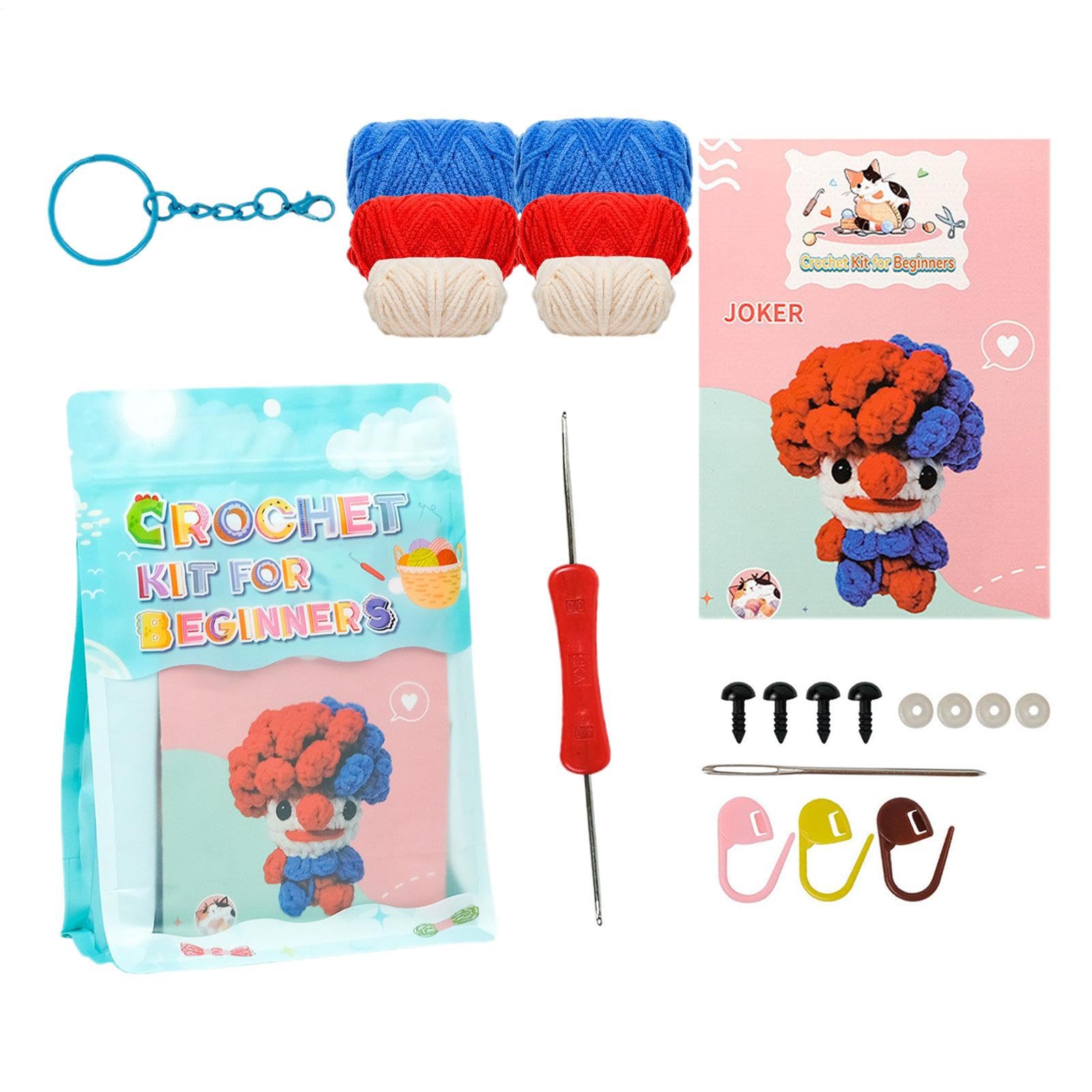 Crochet Stàrter Kit | Knitting Kit for Adults & Children | Clown Cute Red and Blue Little Ugly Crochet Kít for Beginners