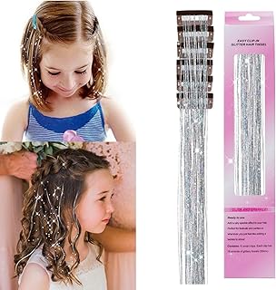 6 Pcs Clip in Hair Tinsel Kit Colored Glitter Tinsel Hair Extension with Clips on Heat Resistant Highlights Sparkling Shiny Hairpieces Extensions Christmas New Year Party Fairy Hair Sparkle Strands Festival Gift Dazzle Hair Tinsel Strands for Women Girls Kids 20 Inch (Silver)