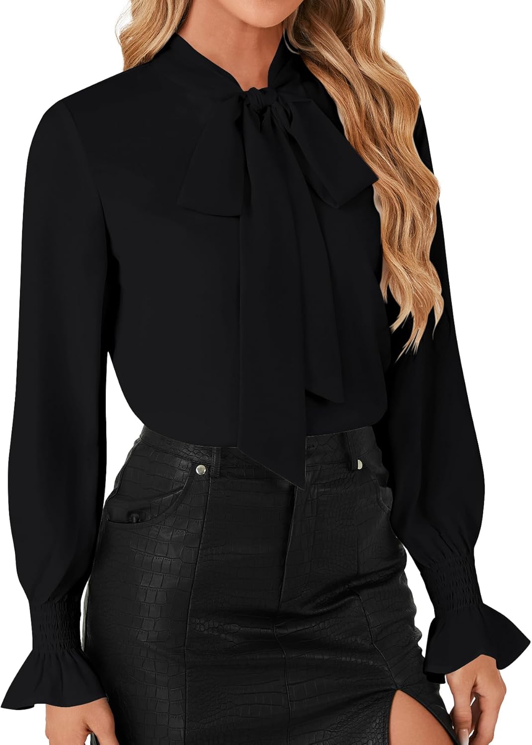 LYANER Women's Bow Tie Front Smocked Long Sleeve Blouse Elegant Office Shirt Top - Image 4