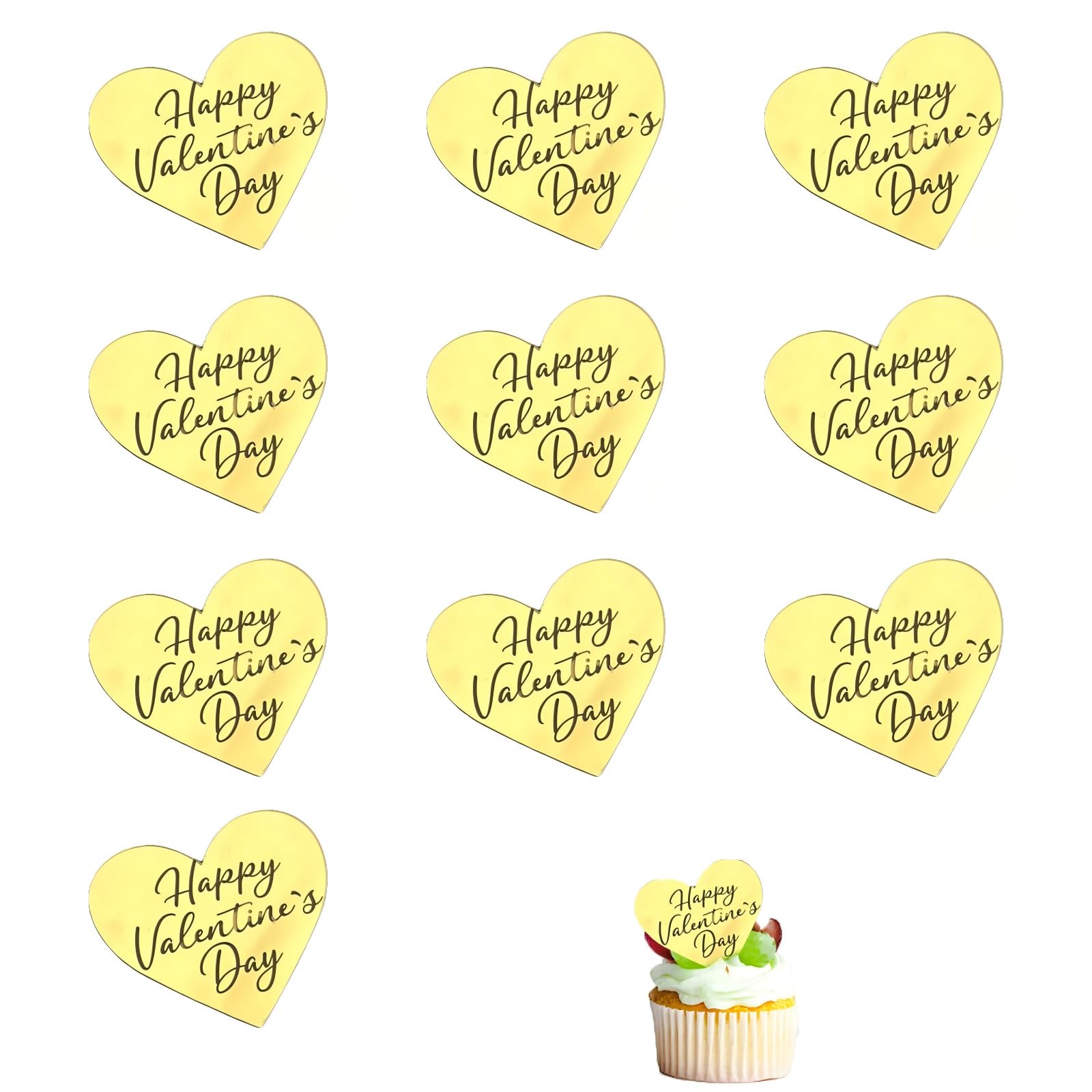 10pcs Happy Valentines Day Heart Cupcake Toppers, Valentines Cake Decorations Gold Acrylic Heart Shape Mirror Effect Cake Toppers Valentine's Day Party Decoration Supplies