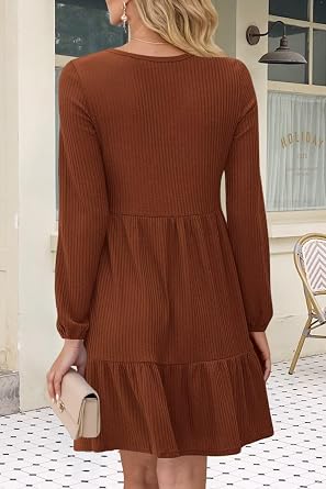Wkior Women's Dresses Long Sleeve V Neck Lightweight Ribbed Knit Empire Waist Casual A Line Swing Mini Dress