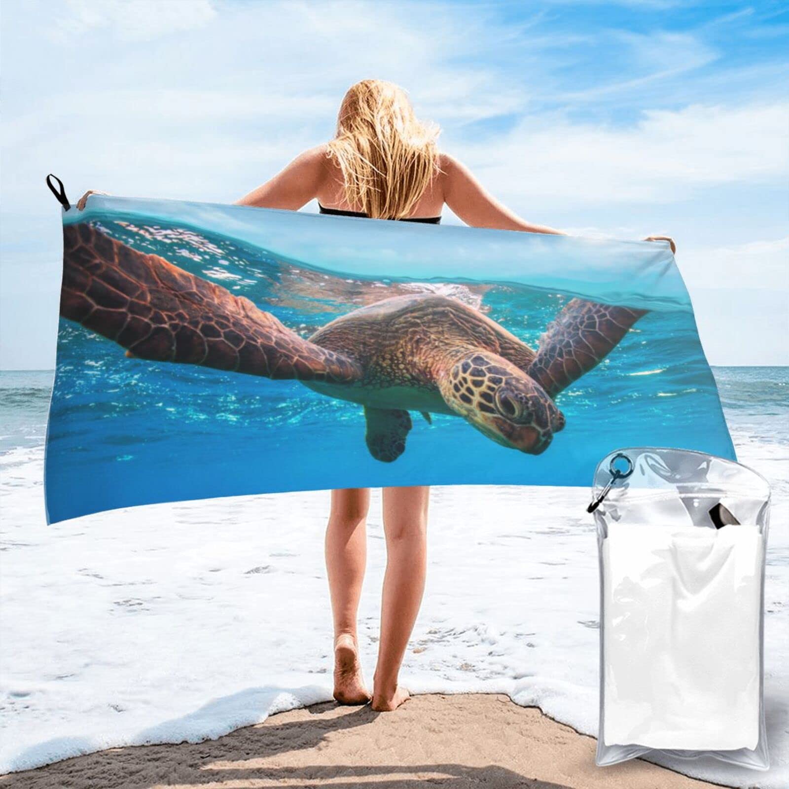 Lawenp Sea Animal Turtle Microfiber Beach Towel Adults Large Quick Drying Bath Towel Travel Towels with Pouch 31.5"x63"