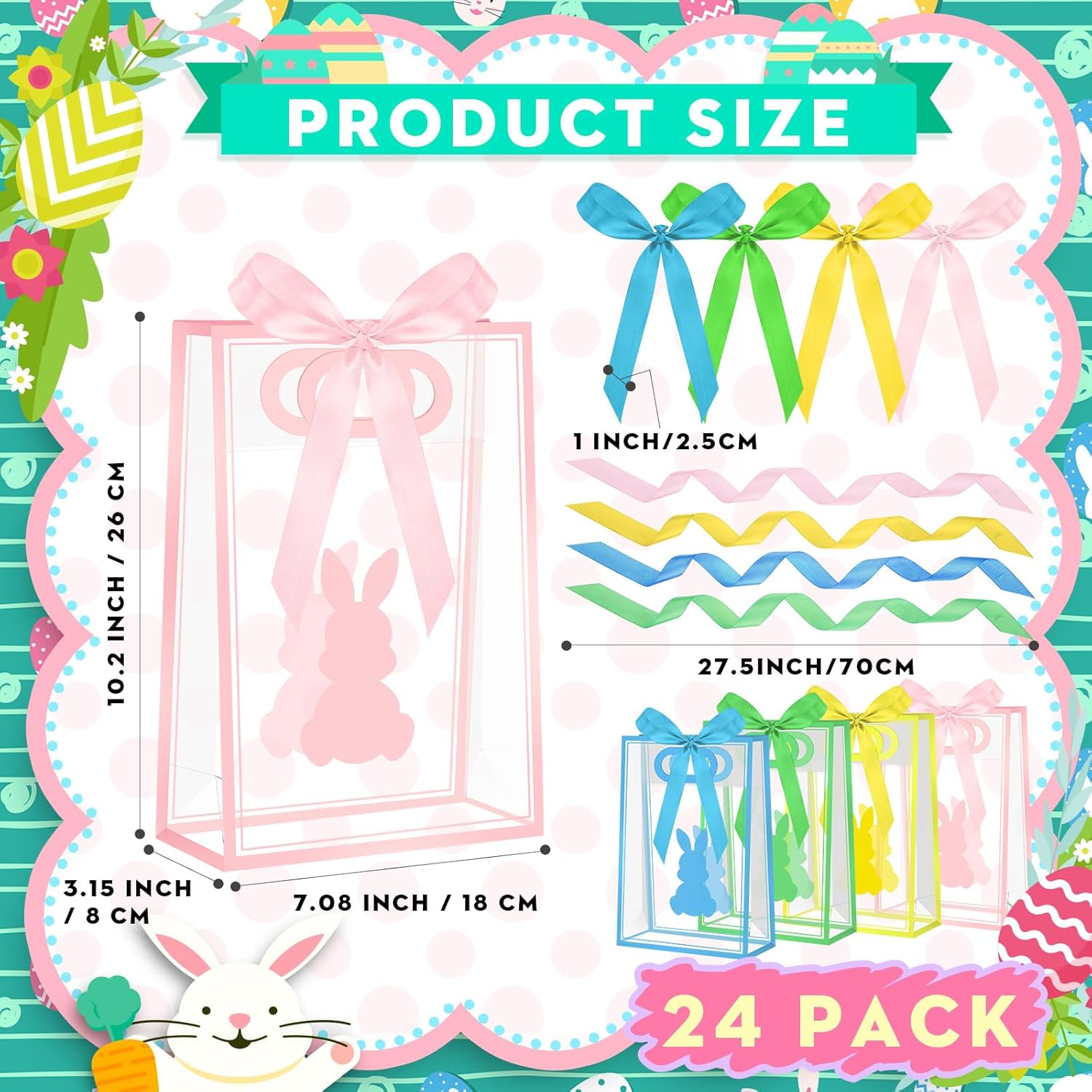 Gilprop 24 Pcs Easter Clear Plastic Gift Bags with Handles Bunny Reusable Treat Tote Goodie Bags with Ribbons for Easter Spring Birthday Party Favors Supplies Snack Candy Treat 10.2 x 7.1 x 3.2 Inch - Image 3