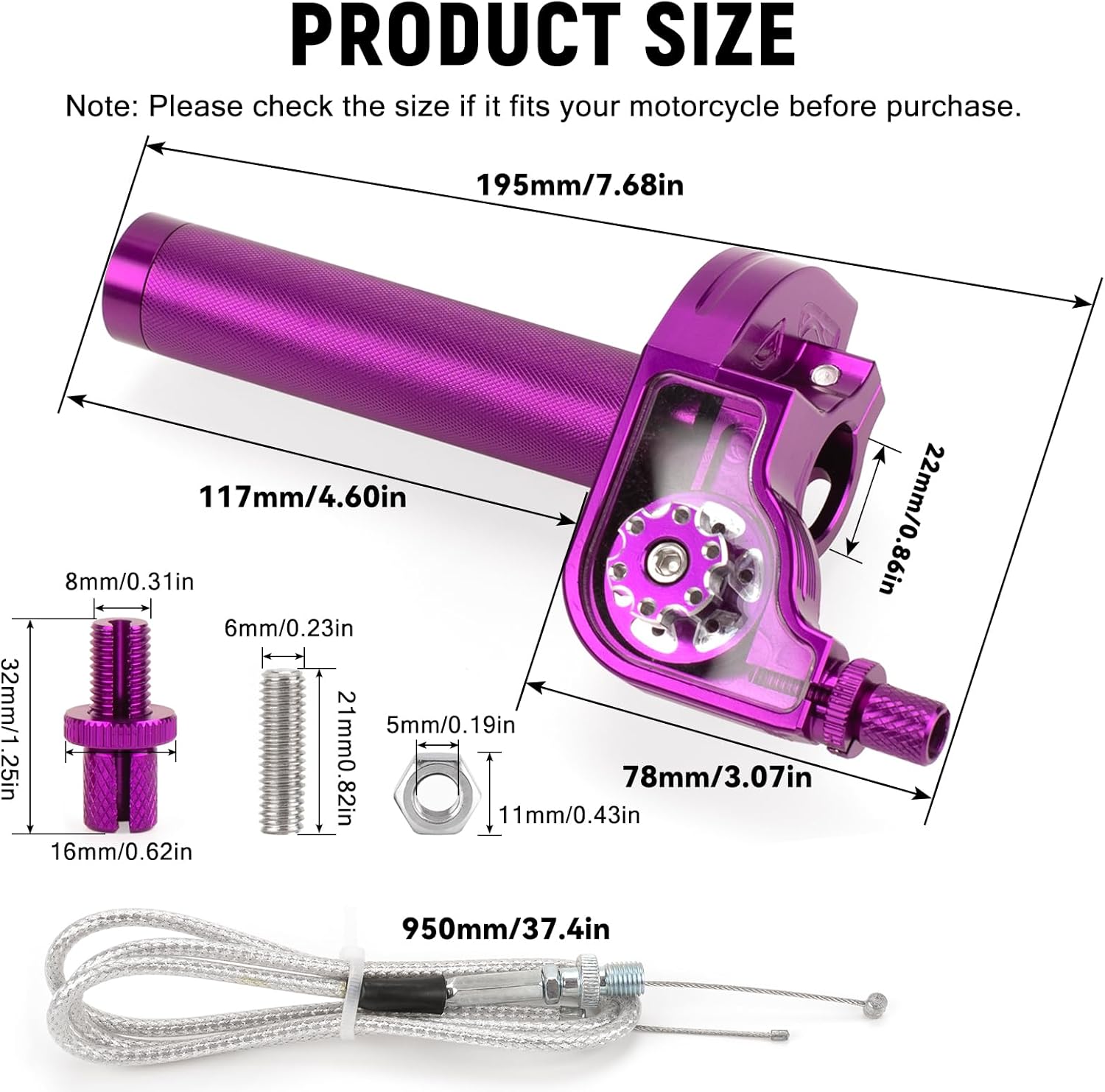 XINGWU Mini Bike Throttle Kit Universal 7/8" 22mm CNC Quick Action Twist Throttle with Cable Throttle Assembly for CRF KLX SSR TTR 50cc-250cc Dirt Pit Bike Mini Bike ATV Motorcycle (Purple)