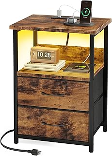 Fixwal Night Stand with Charging Station, LED Nightstand with U-S-B Ports and Outlets, 2 Fabric Storage Drawers with PU Finish, Bedside Table, Rustic Brown