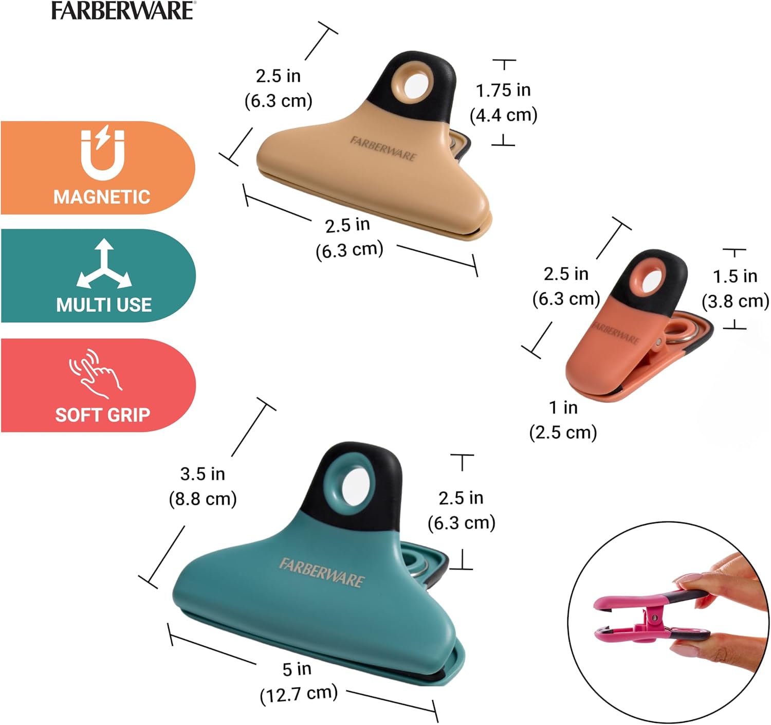 Farberware 7-Piece Bag Clip Set, Desert Skies - Magnetic Chip Clips with Silicone Grip for Kitchen Food Storage, Includes 5 Small, 1 Medium, 1 Large Clip image 5