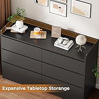 Vista 7 de BEWISHOME Cómoda negra para dormitorio, cómoda moderna de madera con 6 cajones, cómoda con diseño superior de valla de espacio abierto para sala