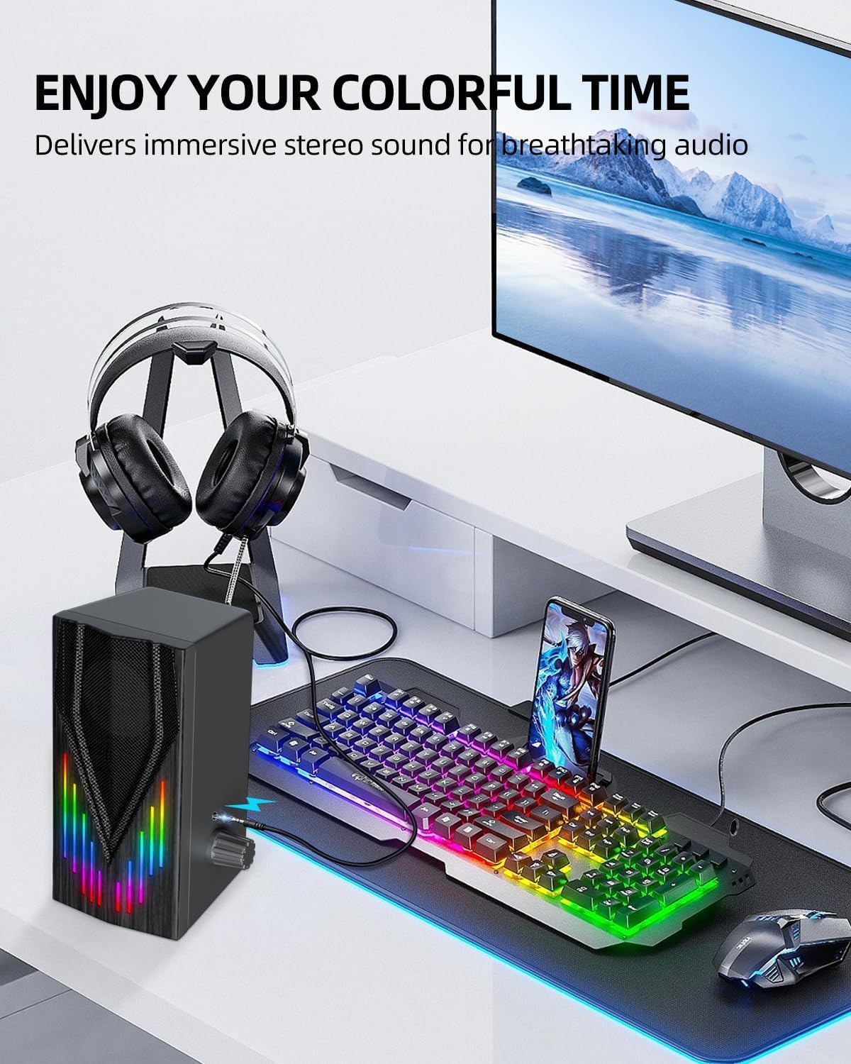 Uakinat Altoparlanti per computer con 6 luci RGB colorate, alimentati tramite USB AUX da 3,5 mm con suono stereo forte, ingresso cuffie per desktop, PC/laptop/tablet telefono