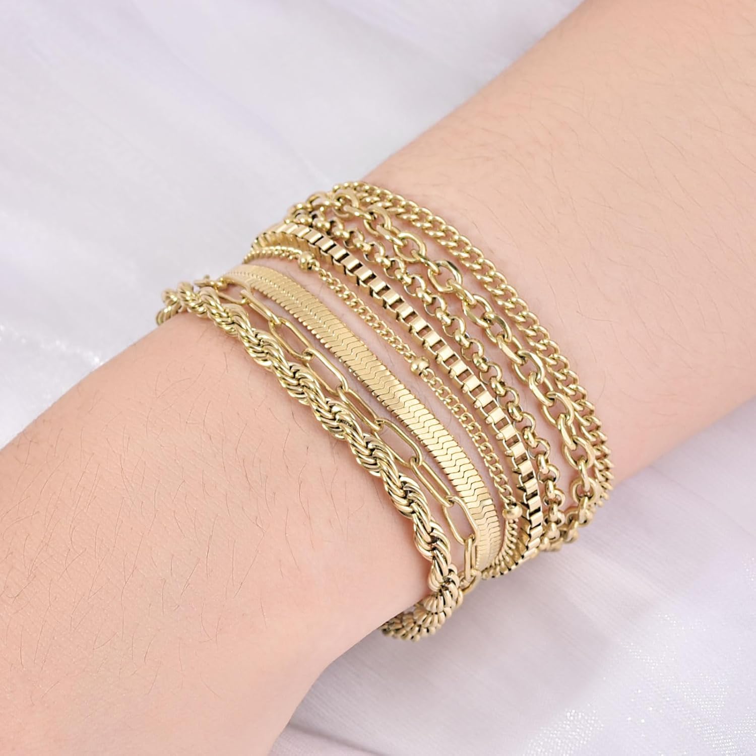 Gold Bracelets for Women, 14K Gold Plated Jewelry Sets for Women Trendy Thin Dainty Stackable Cuban Link Paperclip Chain Bracelet Pack Fashion Accessories Gifts for Womens - Image 6
