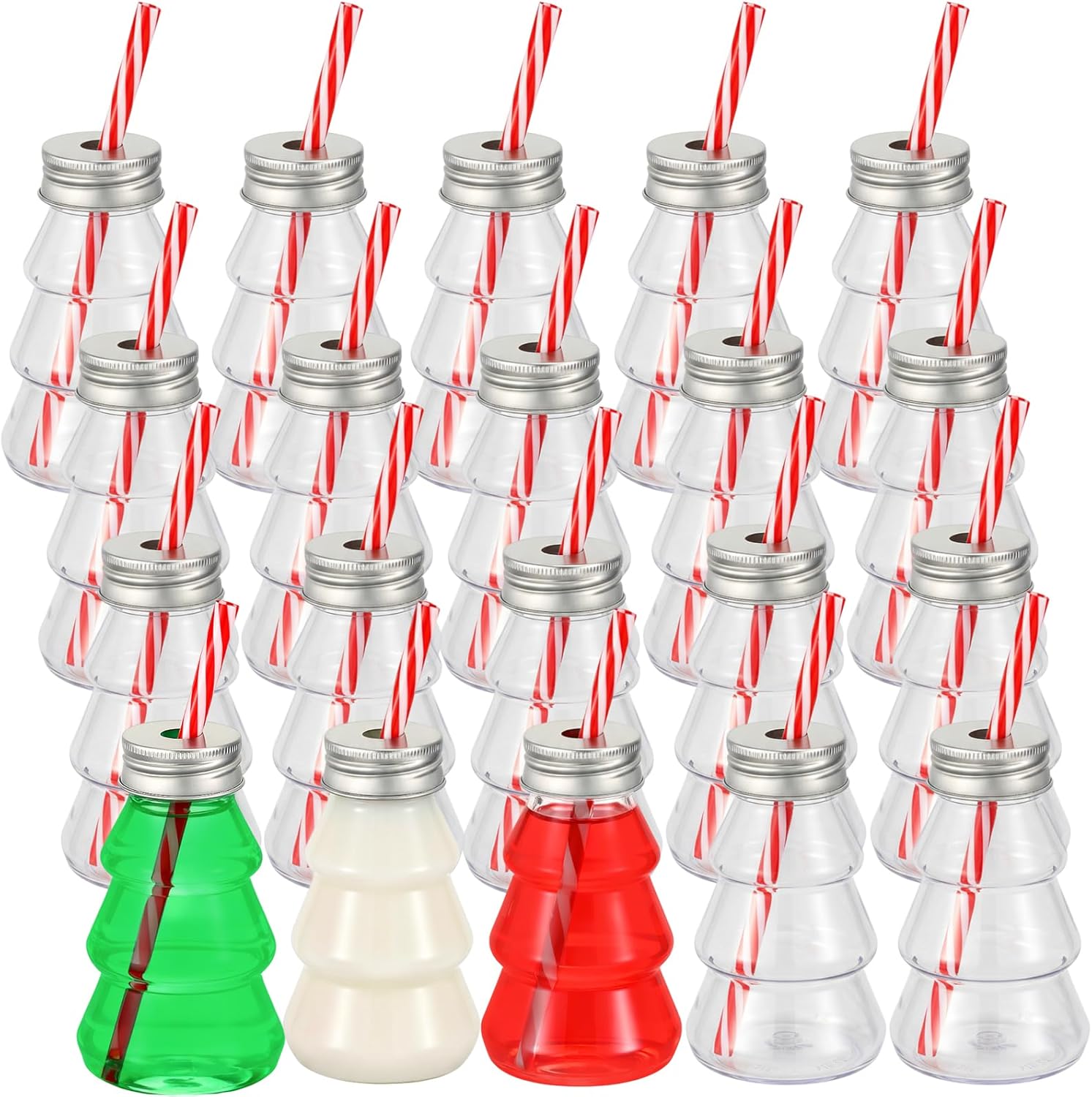 Jingmore Baderke 20 Set Christmas Plastic Tree Bottles with Straws Set Including Tree Drink Empty Bottles & Straws and Caps for Christmas Party Juice Milk Cup Drink Water Containers