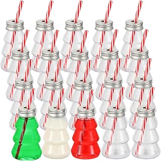 Baderke 20 Set Christmas Plastic Tree Bottles with Straws Set Including Tree Drink Empty Bottles & Straws and Caps for Christmas Party Juice Milk Cup Drink Water Containers